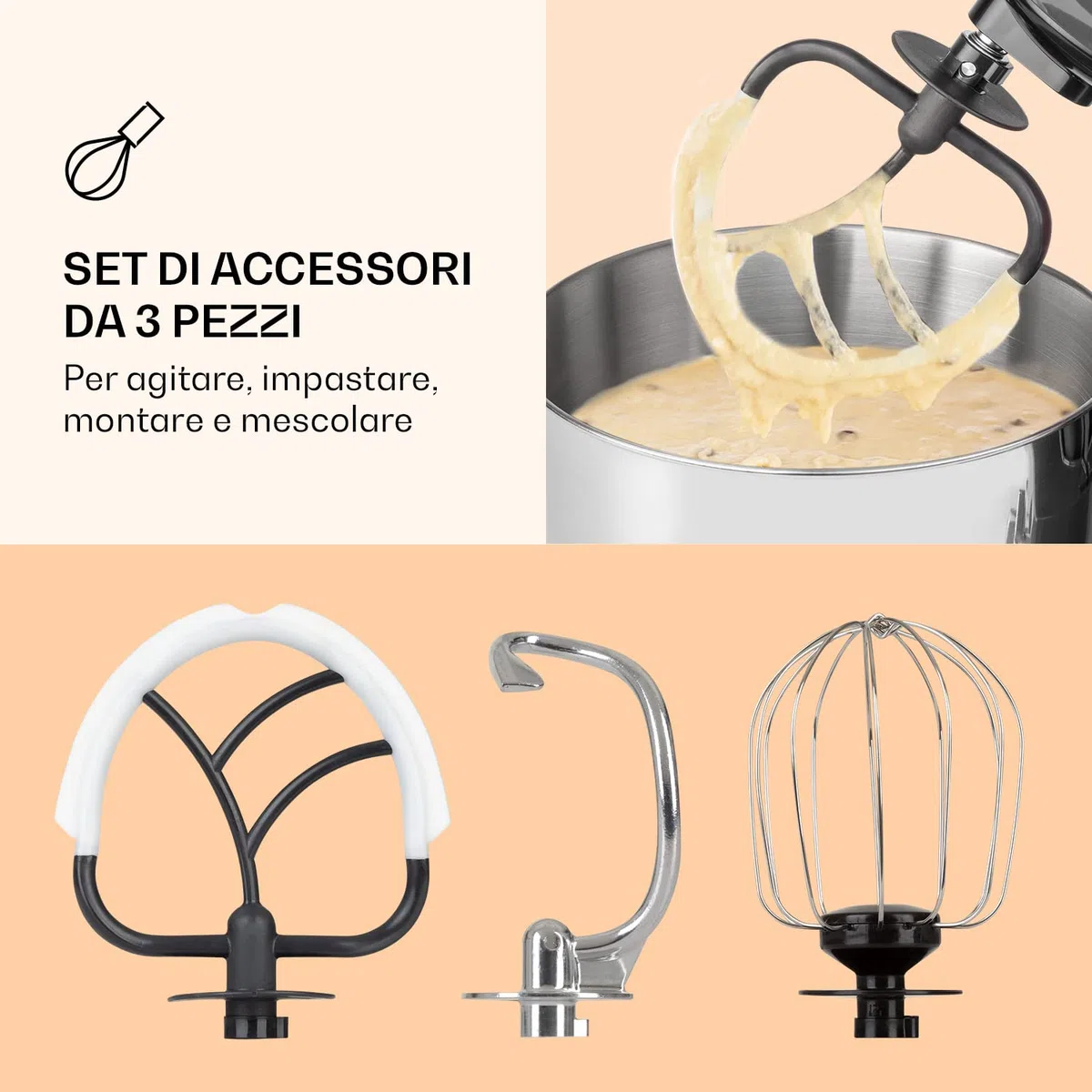 Klarstein Bella Pico 2G - Robot da Cucina, Mixer, Impastatrice, 1200 W / 1,6 PS, 6 Livelli, Sistema di Miscelazione Planetario, Ciotola in Acciaio Inox da 5L, Rosso