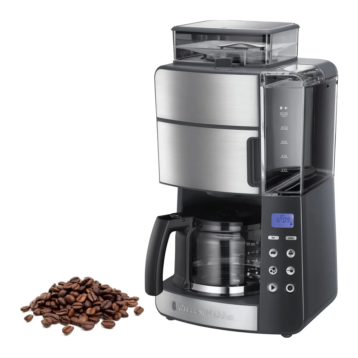 Russell Hobbs Macchina Caffé Americano con Macinacaffé Integrato - Timer digitale, Filtro per Estrazione e Aroma ottimali - Caraffa in Vetro; Max 10 tazze, 3 livelli di Macinatura, Grind&Brew 25610-56