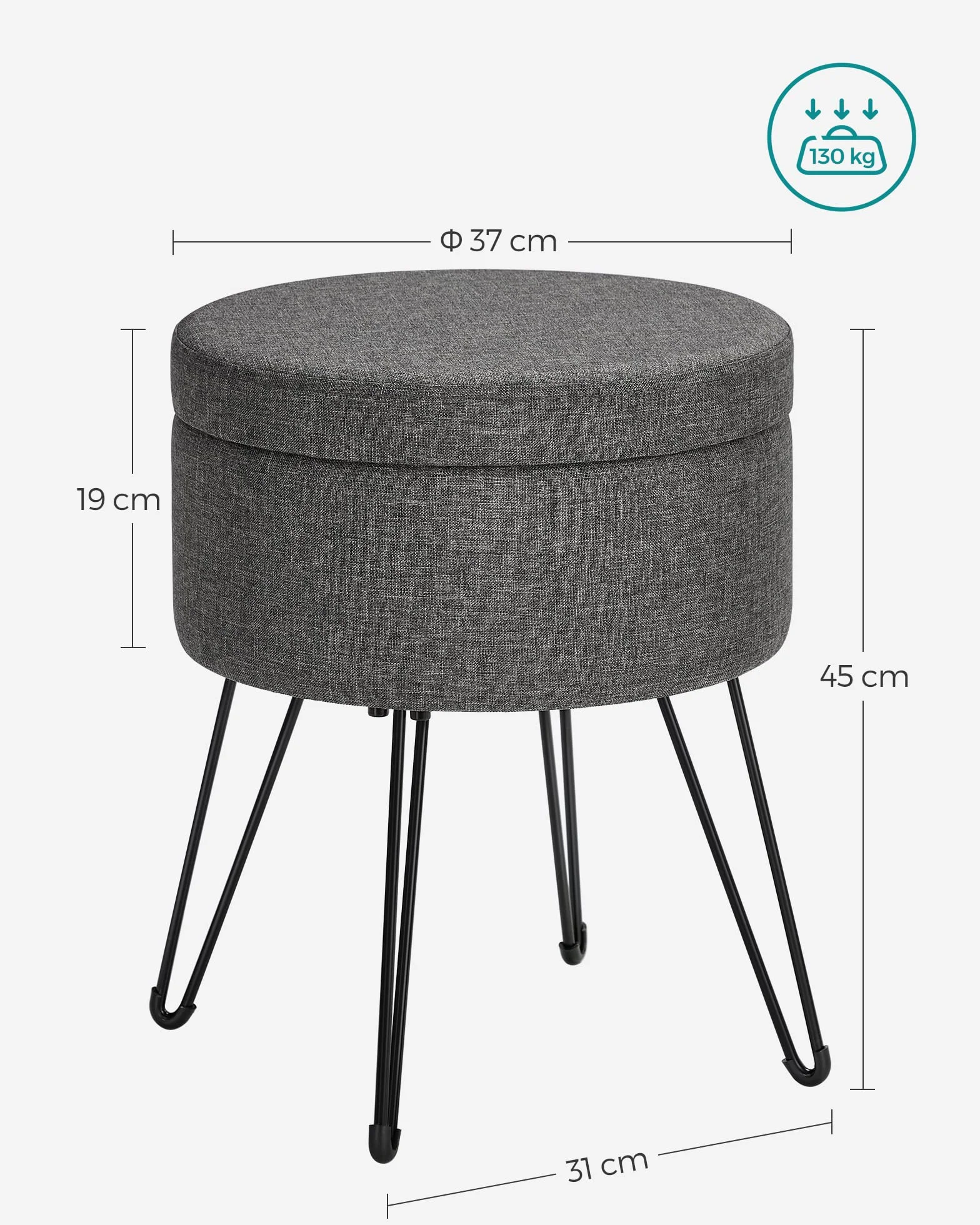 SONGMICS Sgabello Pouf Contenitore, Cassapanca Rotonda, Sgabello Toeletta, Capacità di 13,4L, Gambe in Metallo, Sedile Imbottito, Soggiorno Camera da Letto, Grigio Scuro LOM002G02