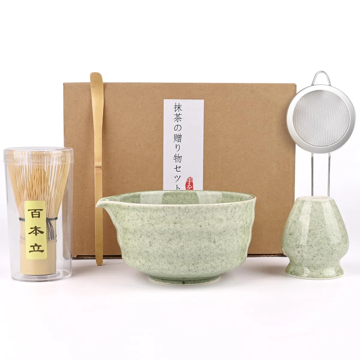 Euakee 5 Pezzi Matcha Kit, Matcha Whisk Set,Frusta Matcha, Ciotola Matcha, Supporto Chasen, Cucchiaio di Matcha, Setaccio Di Matcha, per La Casa, l'Ufficio e la Sala da Tè (Matcha Verde)