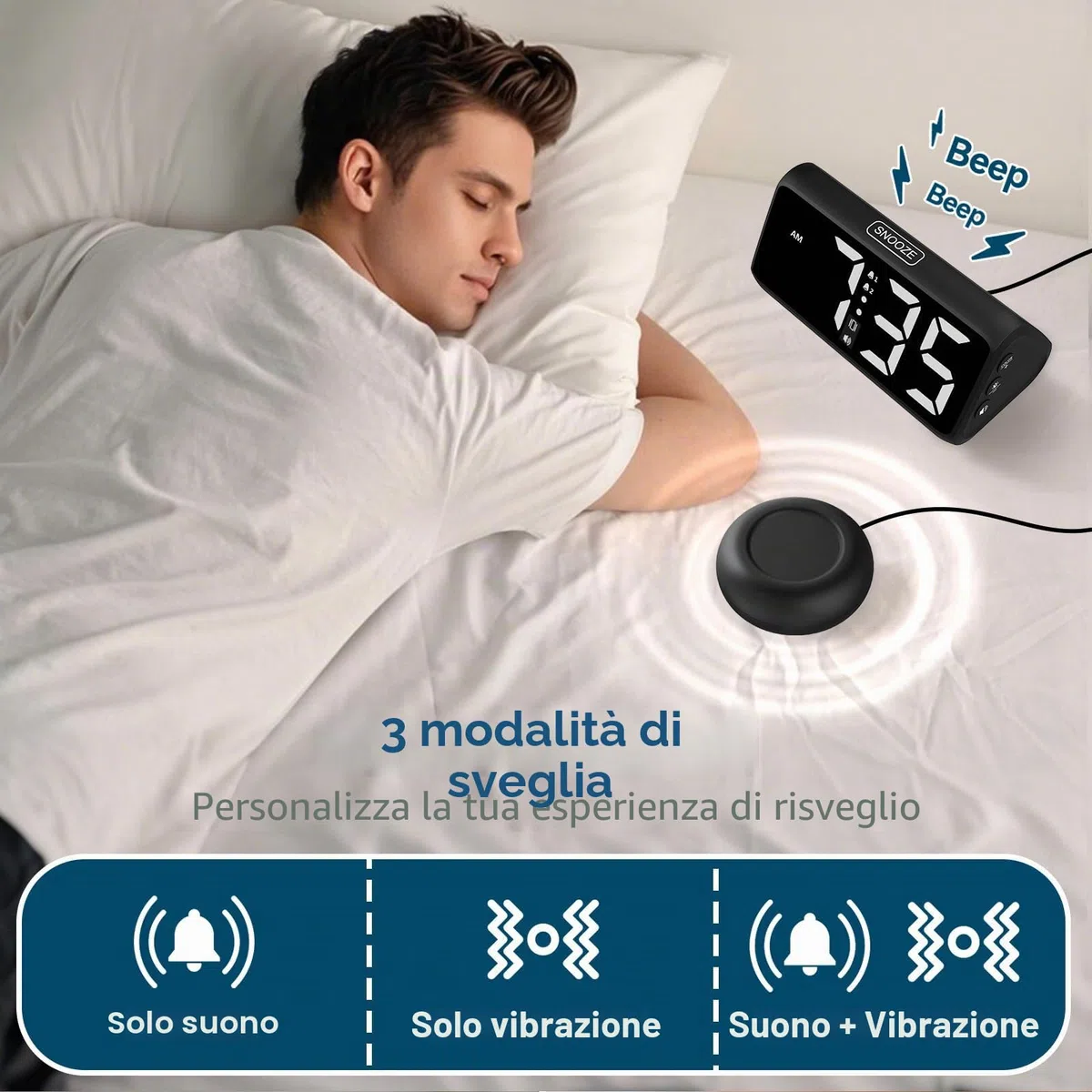 Sveglia forte per dormiente profondo, sveglia forte con vibrazione, doppio allarme, indicatore LED, 5 livelli di luminosità, 4 volumi, snooze, sveglia vibrante per anziani, adolescenti, non udenti