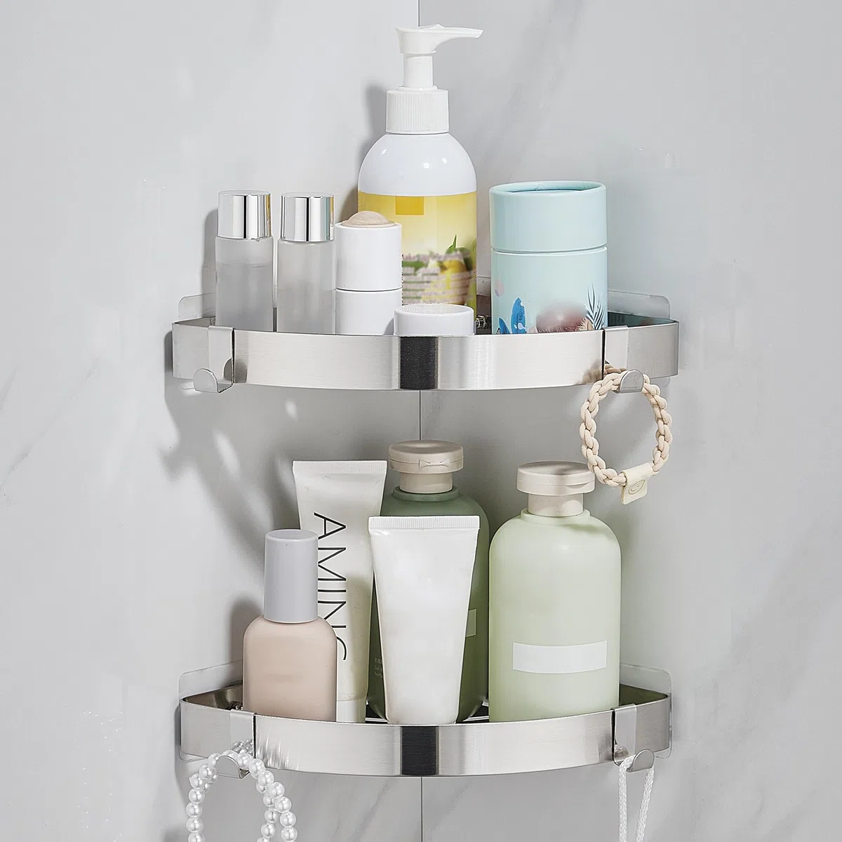 Mensola Doccia Senza Foratura Mensole Bagno Angolare Acciaio Inossidabile Porta Shampoo Doccia Porta Bagnoschiuma da Doccia 2 Pezzi Argento