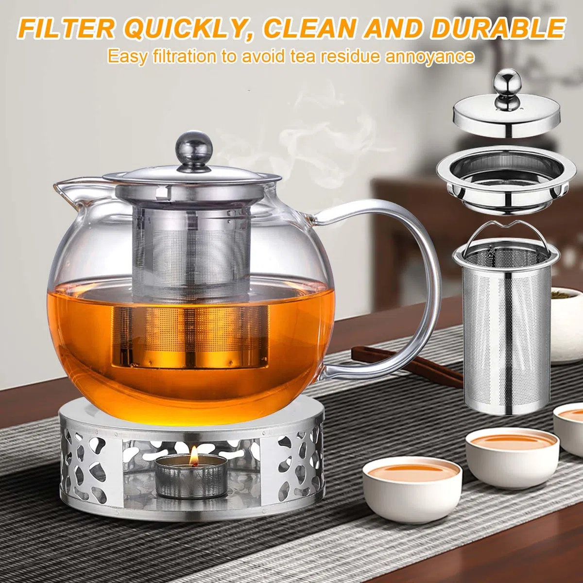 Teiera in vetro con fornellino, 1300 ml, teiera in vetro borosilicato con inserto in acciaio inox e coperchio rimovibile, incluso forno per tutti i tipi di tè (tè alle erbe, tè alla frutta, tè verde)