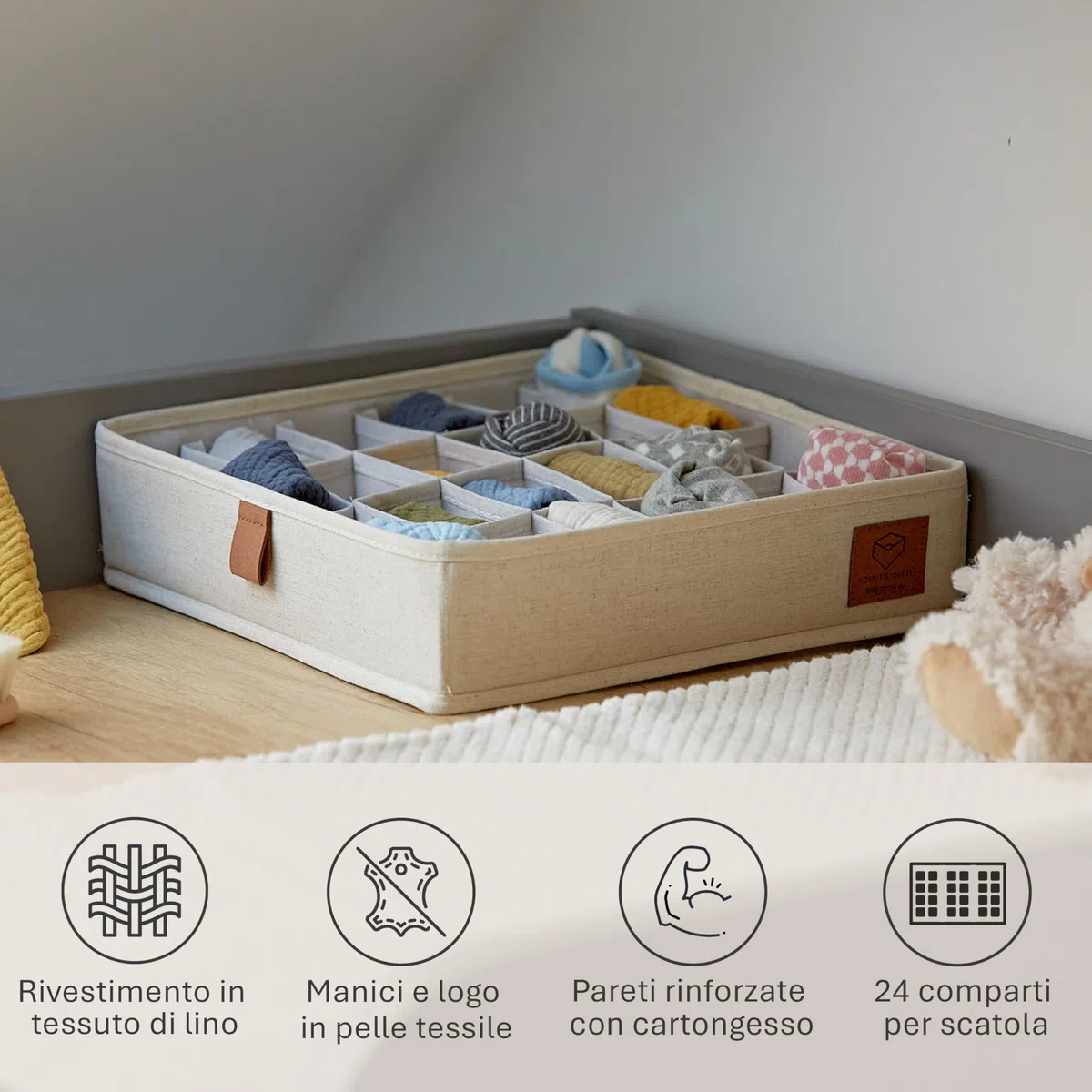 LOVE IT STORE IT Premium Organizer Cassetti -Organizzatore Armadio Pieghevole con 24 Scomparti - Set da 2 - Rinforzi in Cartone -30x30x8cm - Beige