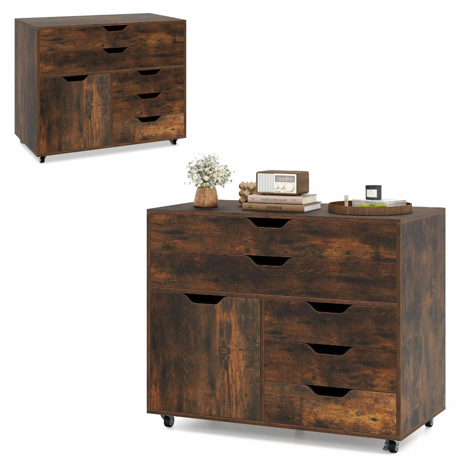 KOMFOTTEU Armadietto portaoggetti, 5 cassetti in 2 dimensioni, scatola portaoggetti mobile con armadio ad ante, mobile da ufficio, 5 ruote universali, 77,5 x 40 x 64 cm (industriale)