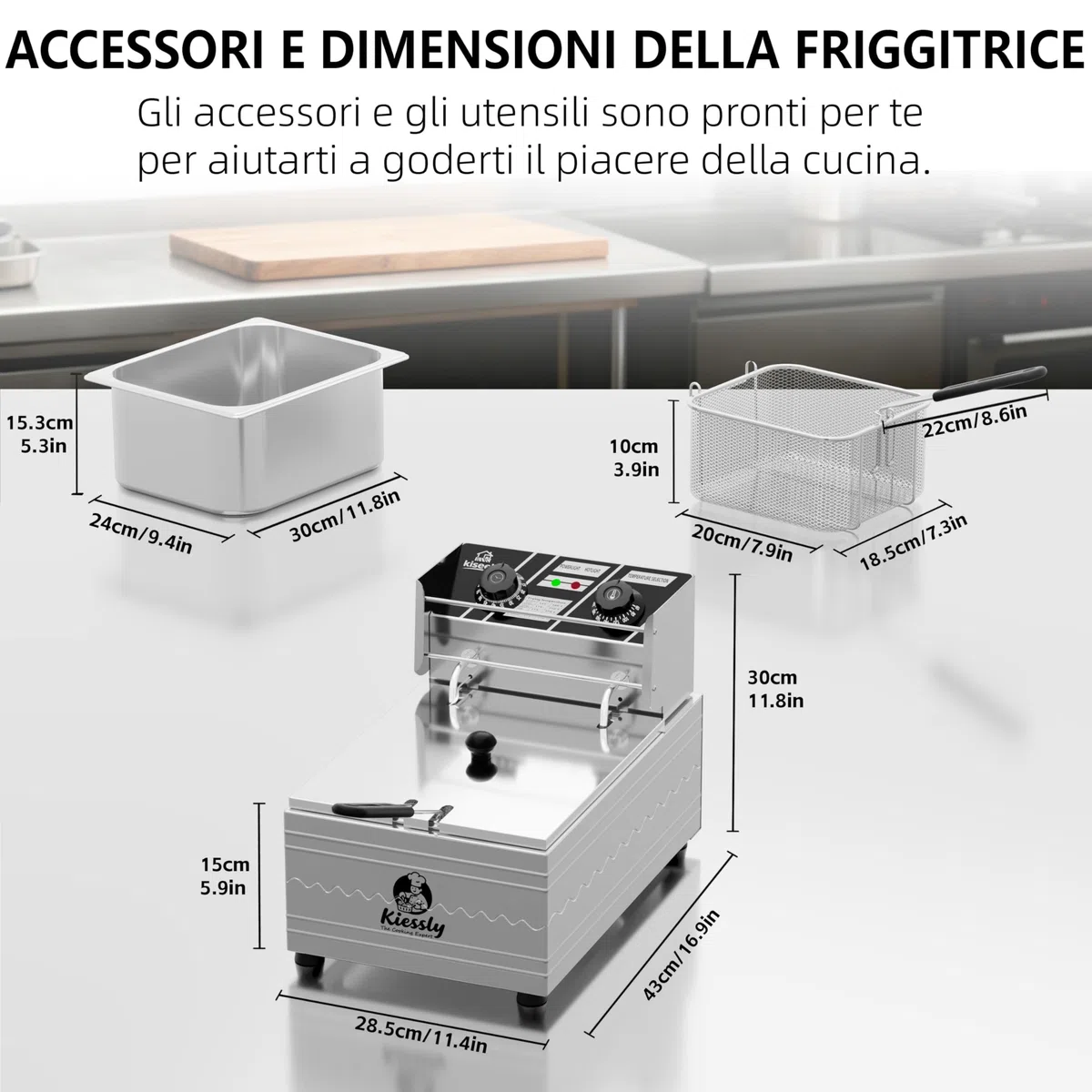 Friggitrice elettrica da 20 litri, friggitrice commerciale da 3500W con cestelli, friggitrice a doppia vasca in acciaio inossidabile con controllo del tempo e della temperatura (Single Fryer 10L IO4)