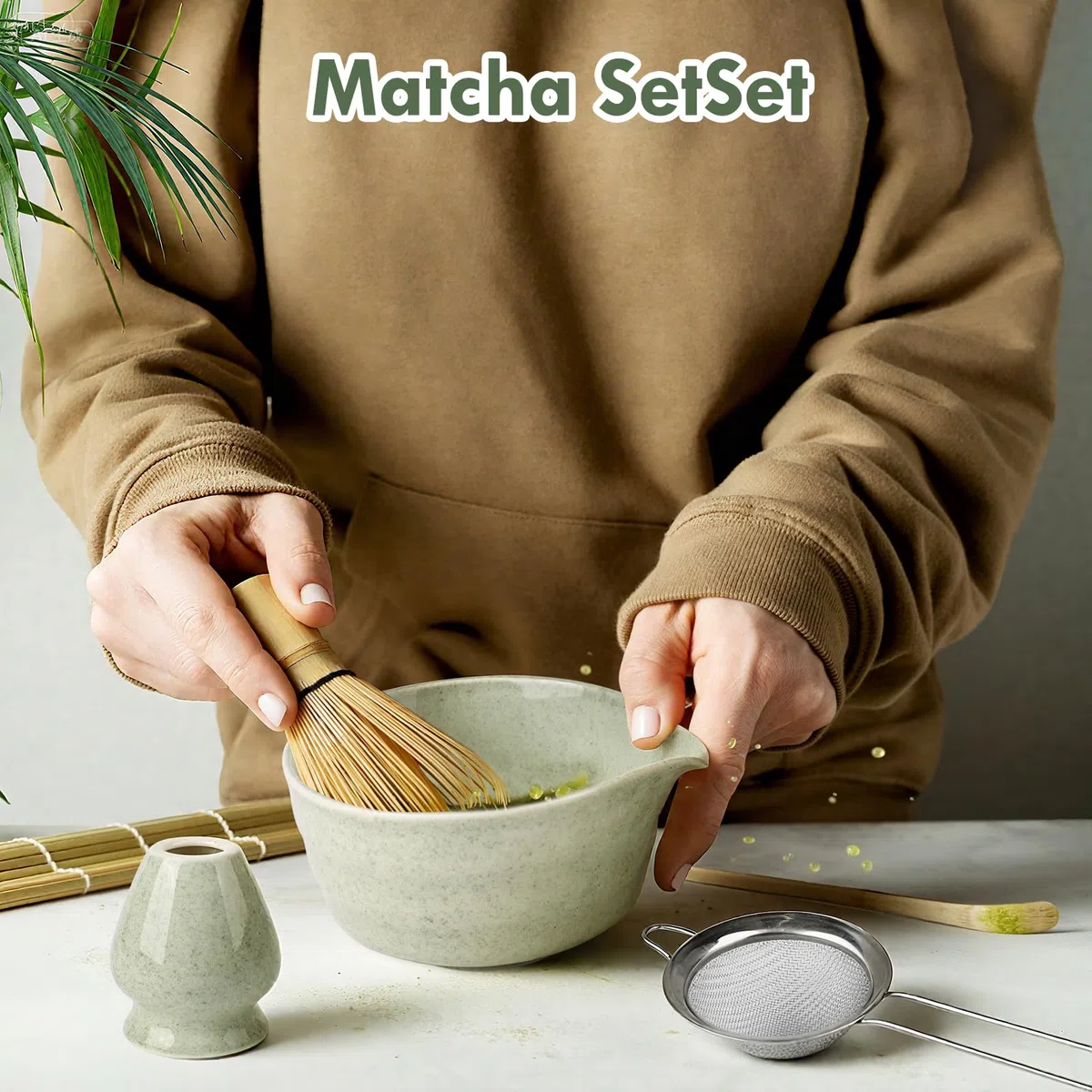 Euakee 5 Pezzi Matcha Kit, Matcha Whisk Set,Frusta Matcha, Ciotola Matcha, Supporto Chasen, Cucchiaio di Matcha, Setaccio Di Matcha, per La Casa, l'Ufficio e la Sala da Tè (Matcha Verde)