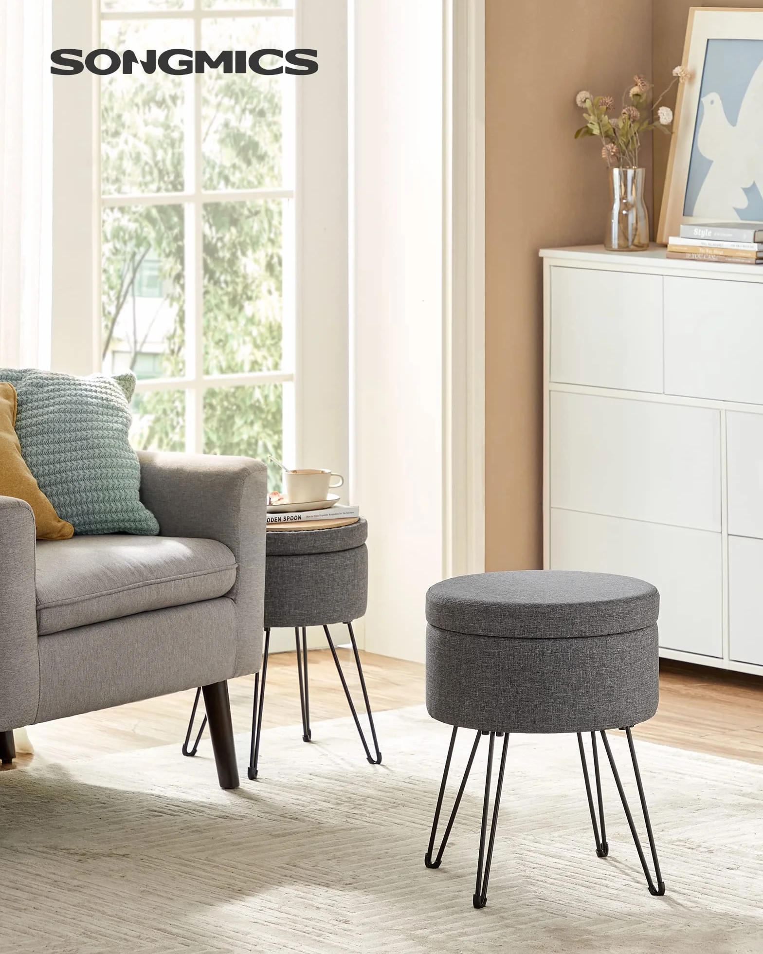 SONGMICS Sgabello Pouf Contenitore, Cassapanca Rotonda, Sgabello Toeletta, Capacità di 13,4L, Gambe in Metallo, Sedile Imbottito, Soggiorno Camera da Letto, Grigio Scuro LOM002G02