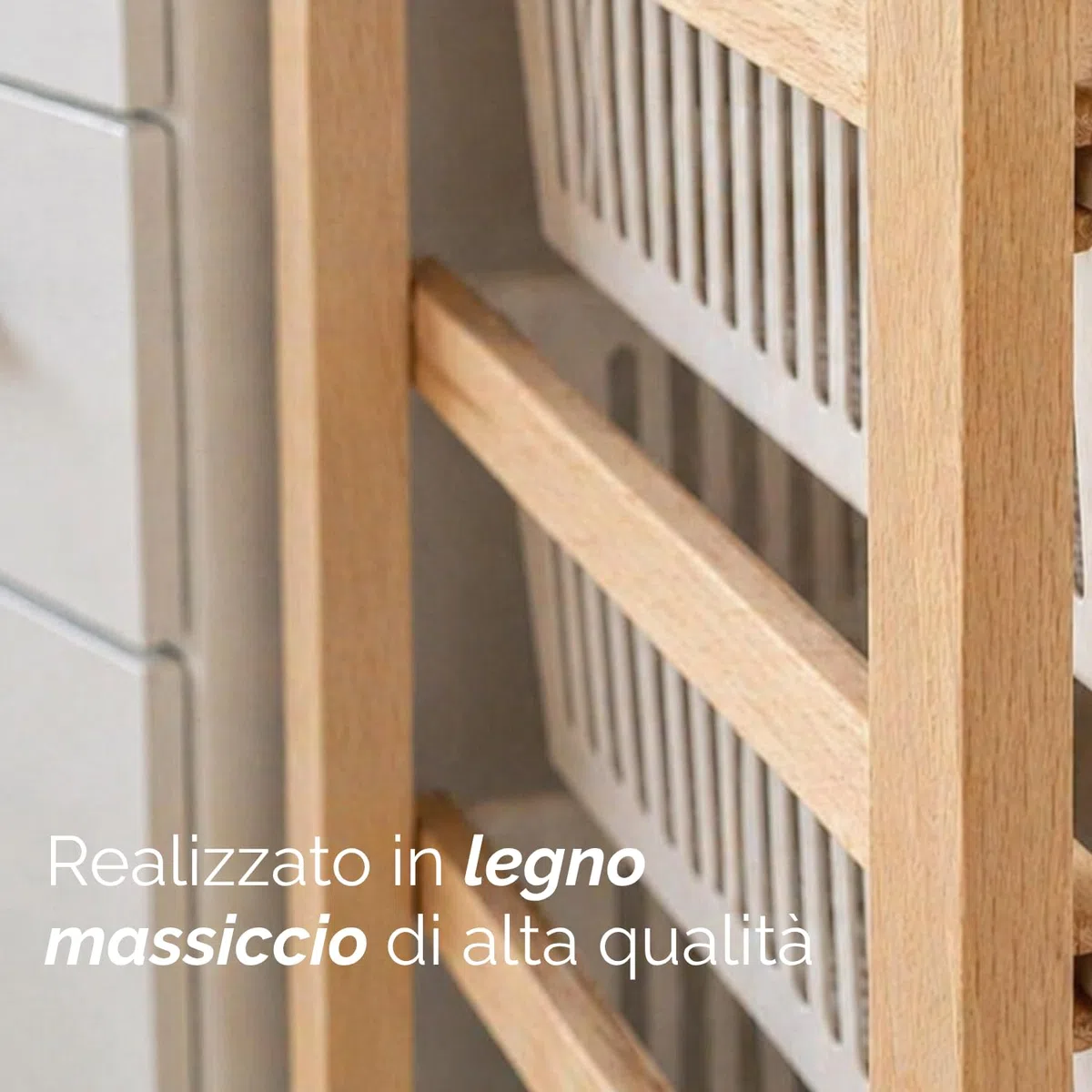 Paluplus Carrello porta verdure a 5 ripiani in Legno Naturale, misura 45x30x85 cm, 5 Cestelli in Plastica con Vassoio Portaoggetti e 4 Ruote girevoli, Scaffale da cucina per frutta e verdura -6015F -4