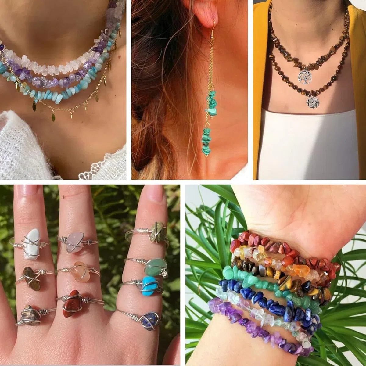 Set di 1180 perline di pietra naturale con foro, per bracciali, collane, orecchini e anelli da infilare (perline di ciottolo)