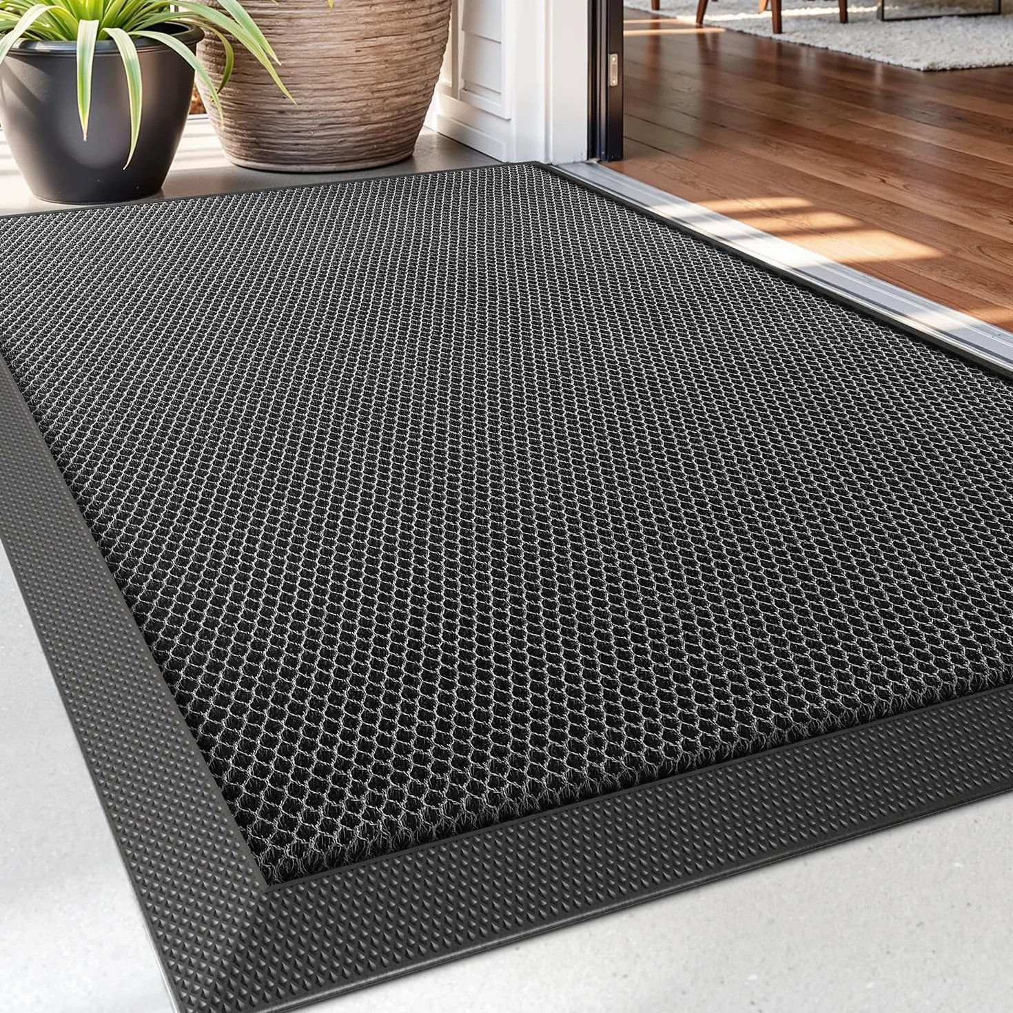 DEXI Zerbino Ingresso Esterno 60 x 90 cm, Zerbini Antiscivolo, Assorbente Di Sporco e Lavabile, Impermeabile Tappeto per Porte Anteriori e Posteriori, Grigio scuro