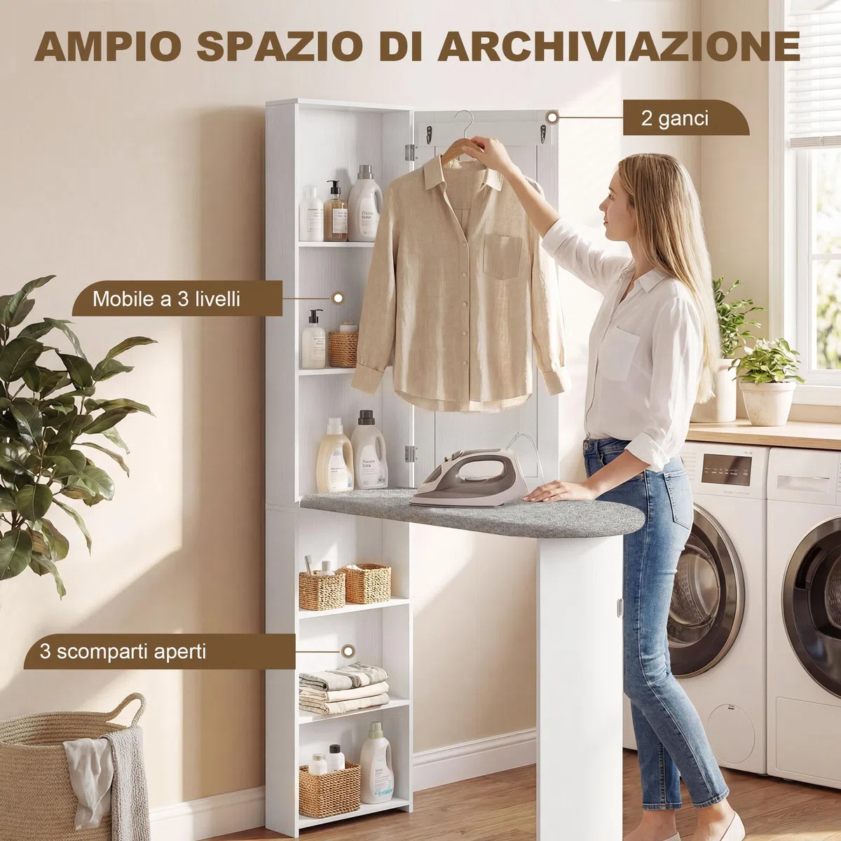 HOMCOM Mobile Asse da Stiro Pieghevole Salvaspazio con Specchio, Mobile da Stiro Multiuso con 6 Scomparti, 2 Ganci, per Lavanderia Bagno, 107x35x174 cm, Bianco