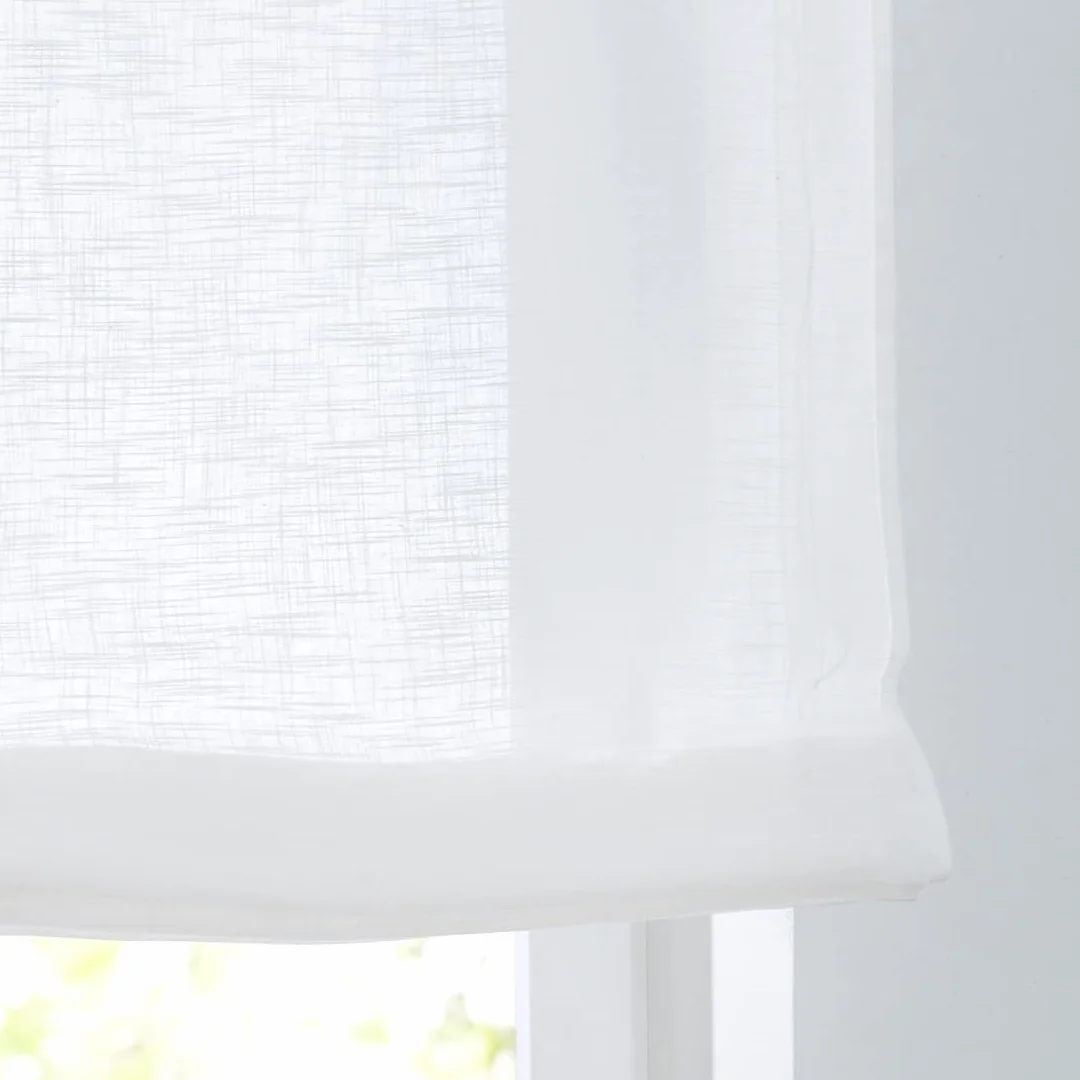 Woody Tenda a pacchetto bianca con passanti e sfere di legno, in puro cotone, effetto lino, larghezza 100 cm x altezza 140 cm