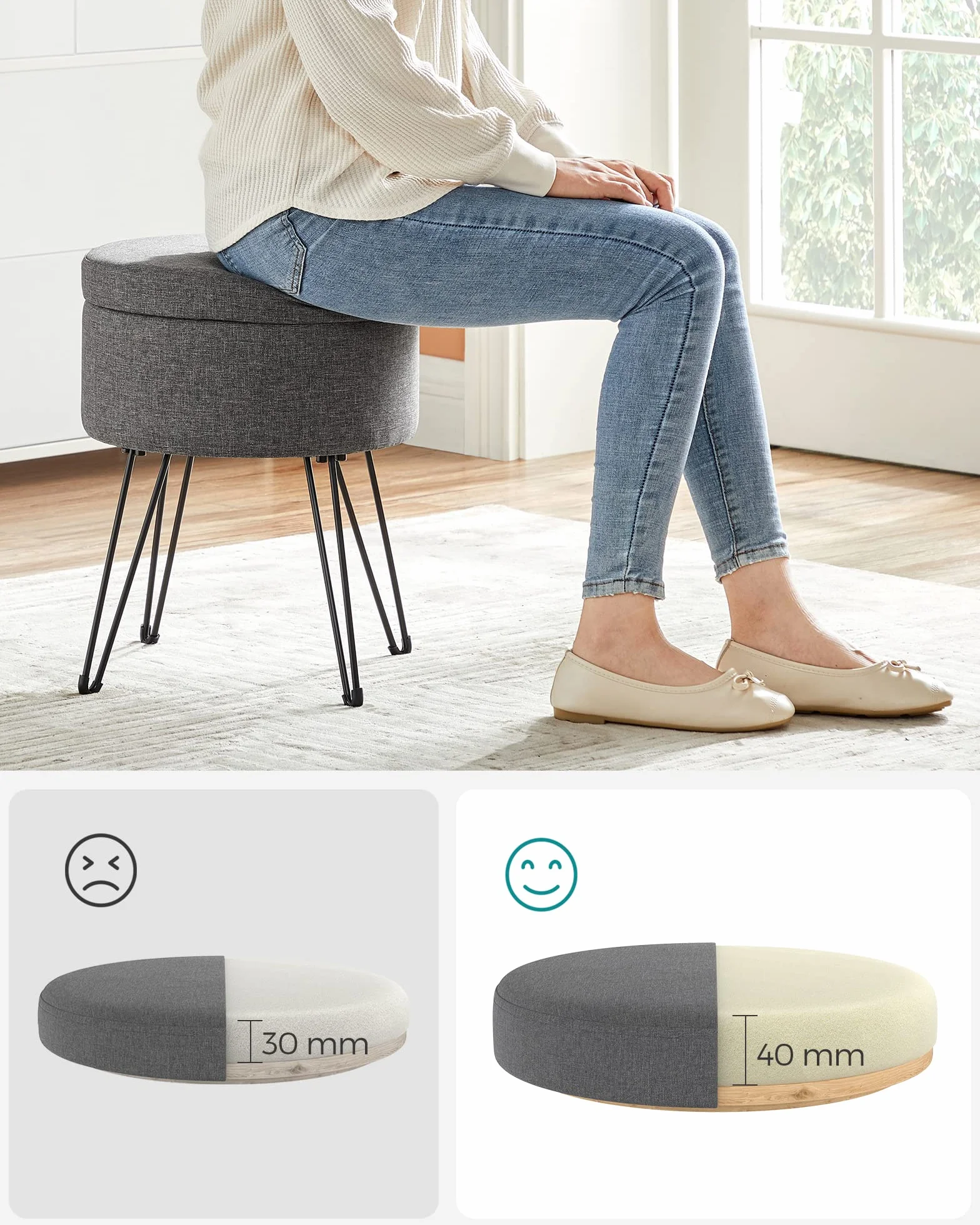 SONGMICS Sgabello Pouf Contenitore, Cassapanca Rotonda, Sgabello Toeletta, Capacità di 13,4L, Gambe in Metallo, Sedile Imbottito, Soggiorno Camera da Letto, Grigio Scuro LOM002G02