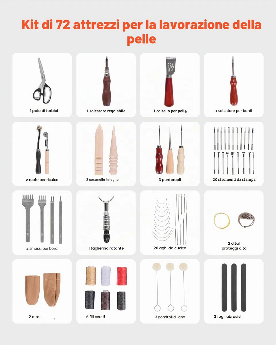 VEVOR Kit di Utensili per Lavorazione della Pelle, 72 Pezzi, Utensili per l'Artigianato della Pelle con Borsa Portaoggetti Portatile, per Incisione, Punzonatura, Cucito, Timbratura e Levigatura
