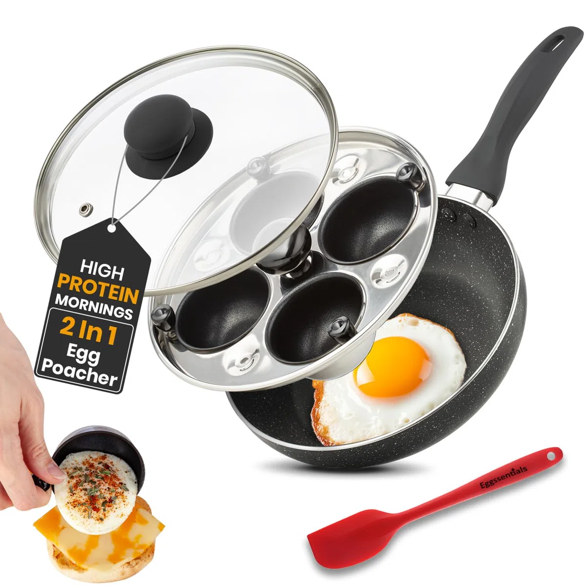 Eggssentials Pentola per uova in camicia 2 in 1 e padella per uova in camicia, padella antiaderente in granito per uova in camicia e padella con coperchio, per cuocere uova in camicia per uso