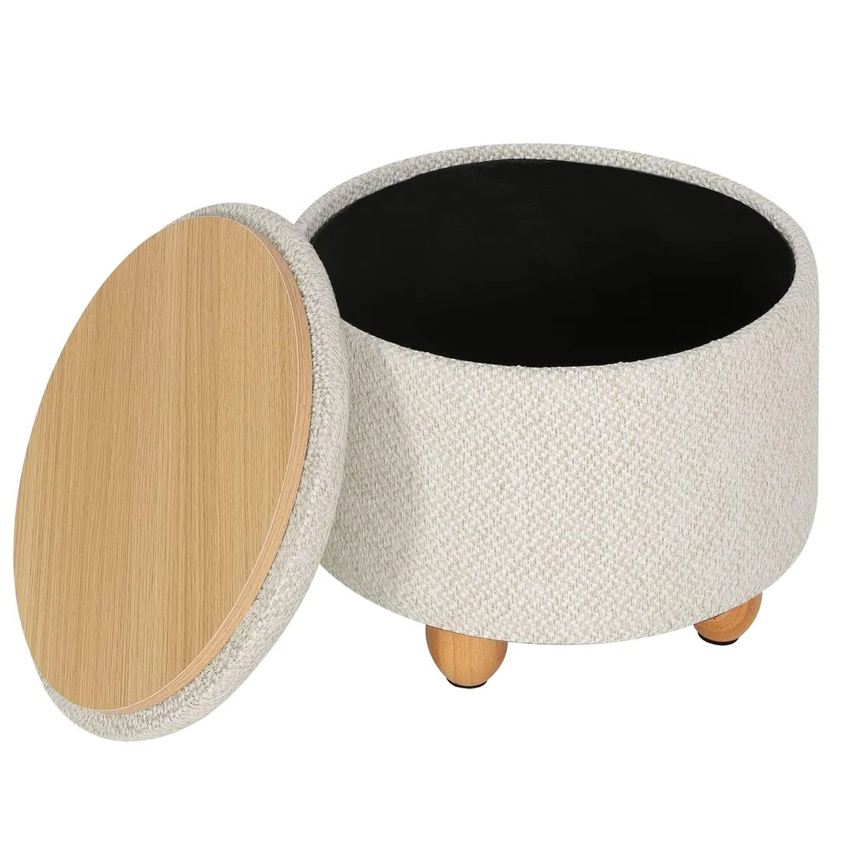WOLTU Pouf Contenitore con Coperchio, Pouf Poggiapiedi in Lino Grosso, Sgabello Tondo Salvaspazio con Gambe in Legno di Pino per Soggiorno, Corriodio, Camera, Ø 39x33 cm, Beige