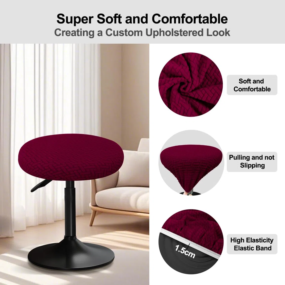 Copri Sgabello Rotondo 30-40cm Fodera Sgabello Rotondo con Coprisedie Jacquard, Elastici, Morbidi e Confortevoli, Dai Colori Intensi (4, Bordeaux)