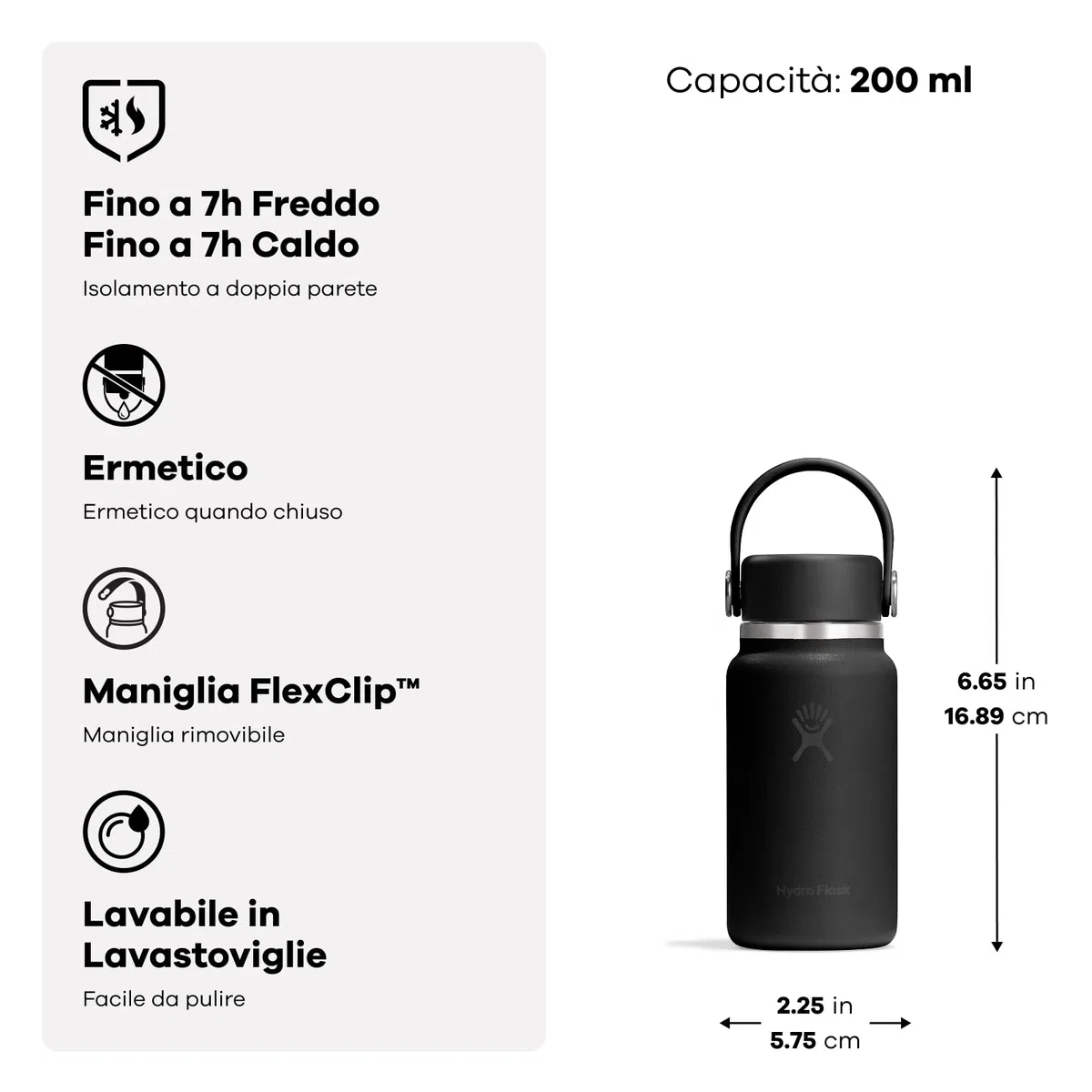 Hydro Flask – Micro Hydro 200 ml (6.7 oz) – Mini Flask Isolato Ermetico con Cinghia Clip-On – Freddo & Caldo fino a 7 Ore – Compatto & Resistente – White