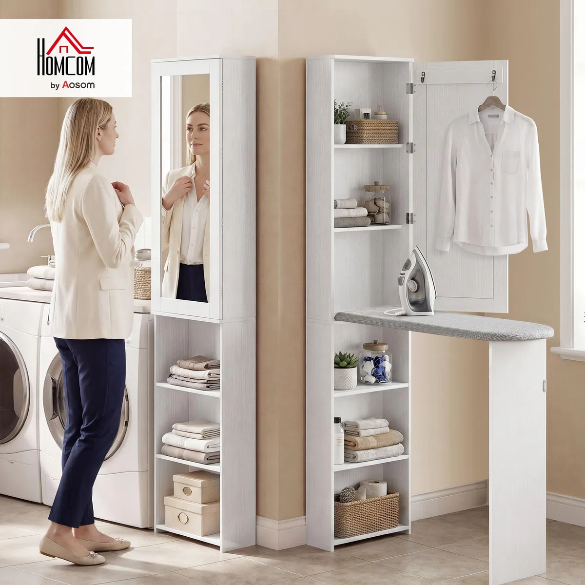 HOMCOM Mobile Asse da Stiro Pieghevole Salvaspazio con Specchio, Mobile da Stiro Multiuso con 6 Scomparti, 2 Ganci, per Lavanderia Bagno, 107x35x174 cm, Bianco