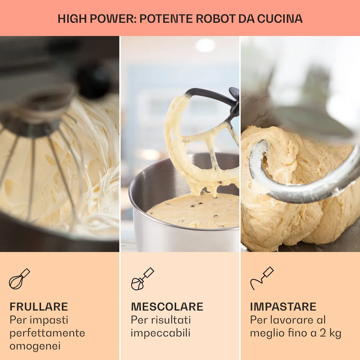 Klarstein Bella Pico 2G - Robot da Cucina, Mixer, Impastatrice, 1200 W / 1,6 PS, 6 Livelli, Sistema di Miscelazione Planetario, Ciotola in Acciaio Inox da 5L, Rosso
