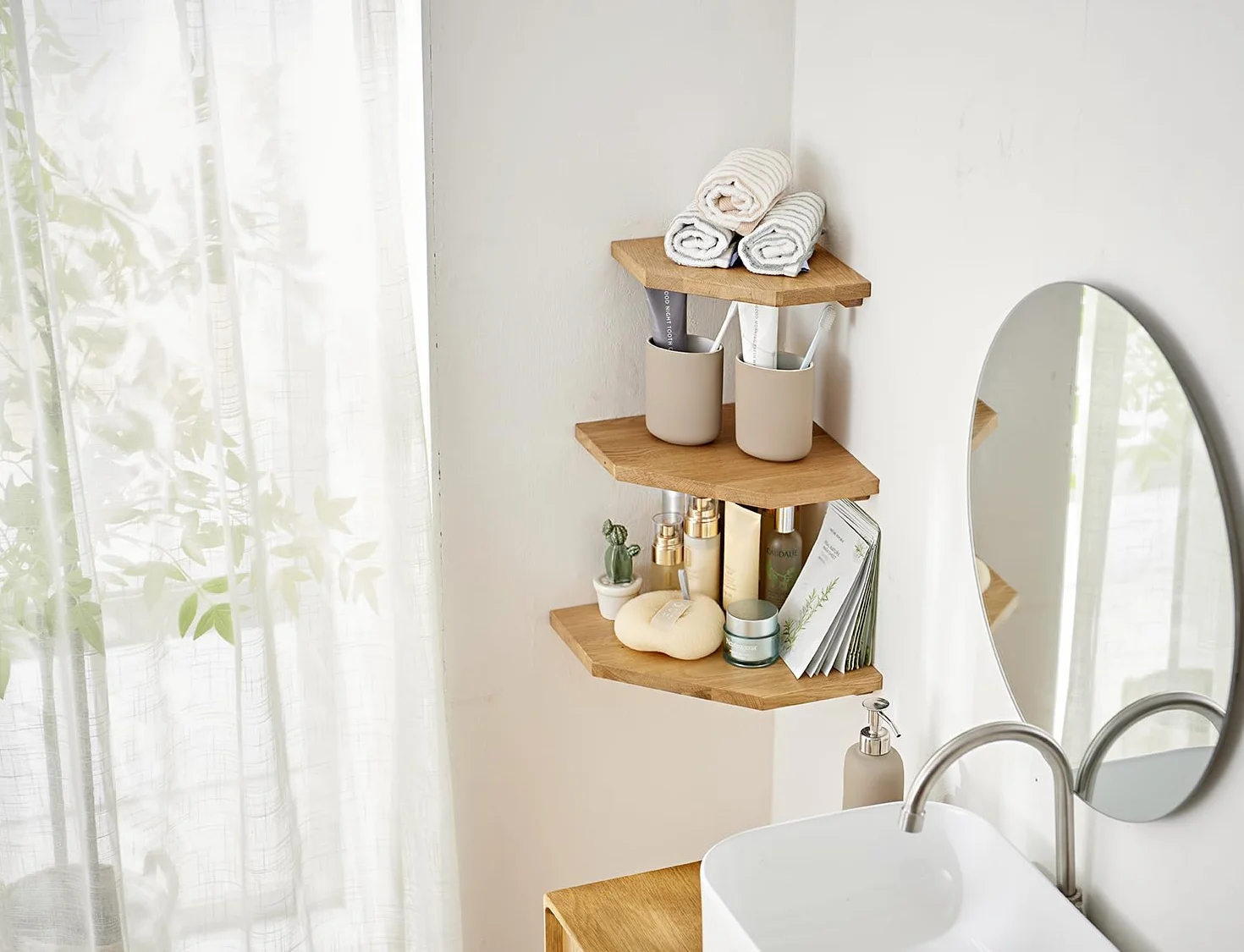 Mensola Angolare in Legno di Quercia da Parete Con Foro per Cavi, Sospesa per Piante, Camera da Letto, Soggiorno, Cucina (30 cm)