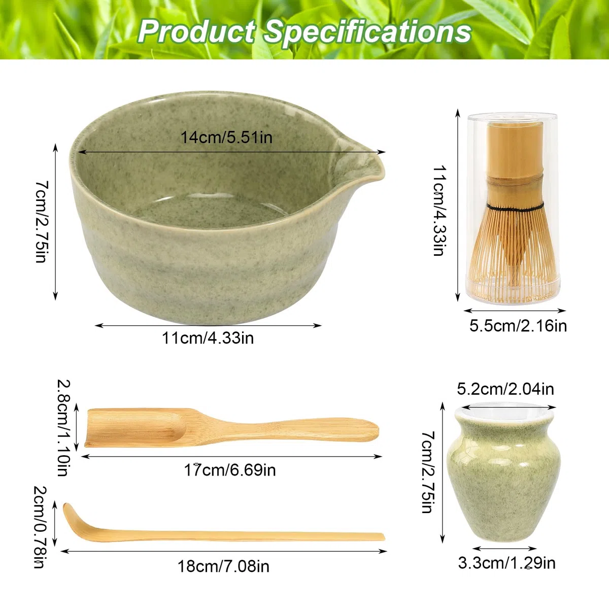 GOSHIES Set da Tè Matcha da 5 Pezzi con Ciotola per Matcha, Frullatore, Cucchiaio per Matcha, Spazzola per Matcha, Supporto per Frullatore Matcha, Verde