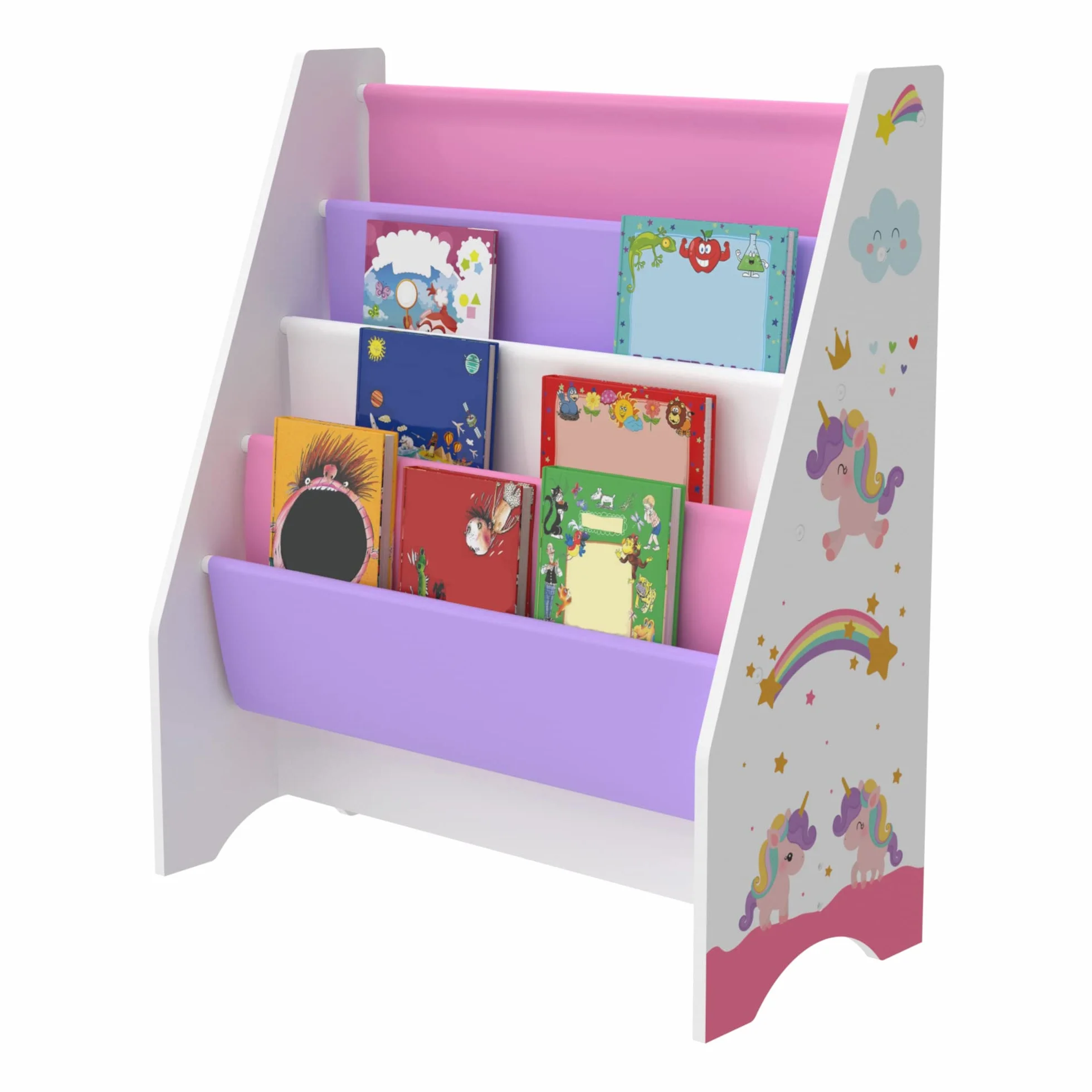 [en.casa] Scaffale per Cameretta con 4 Contenitori Morbidi a Scaletta - Mobile Porta Libri a Misura di Bimbi - Decorazione Unicorno - Rosa/Viola