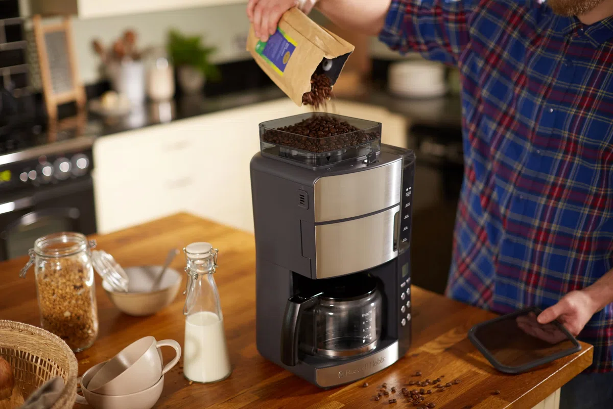 Russell Hobbs Macchina Caffé Americano con Macinacaffé Integrato - Timer digitale, Filtro per Estrazione e Aroma ottimali - Caraffa in Vetro; Max 10 tazze, 3 livelli di Macinatura, Grind&Brew 25610-56