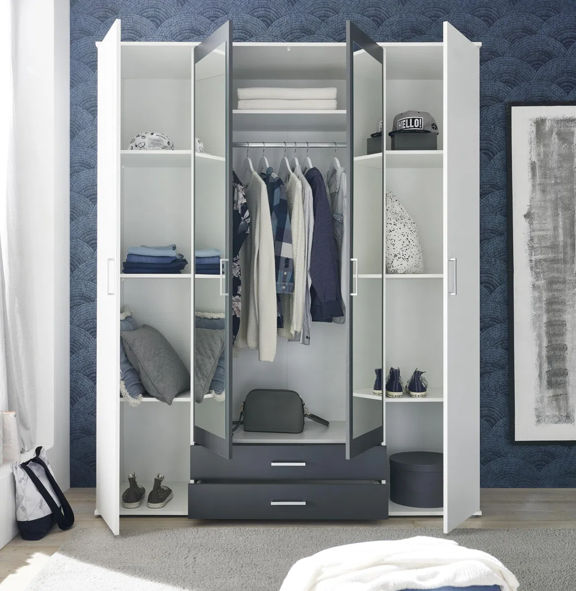 AVANTI TRENDSTORE Hanu - Armadio in legno laminato a 2 ante a battente in legno, 2 ante con specchio e 2 cassetti. Disponibile nel colore bianco/grafite. Dimensioni LxAxP 160x196x54 cm