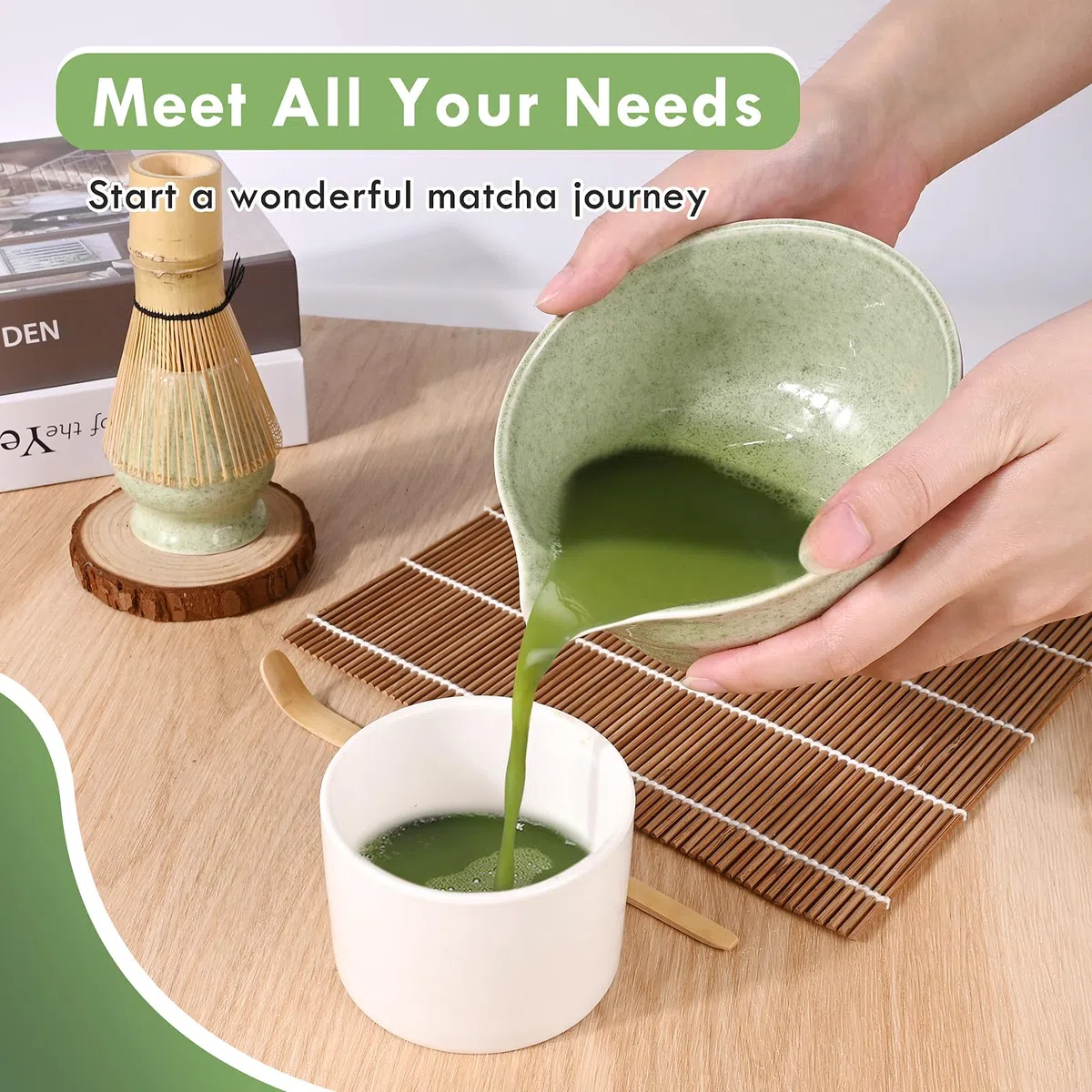 Euakee 5 Pezzi Matcha Kit, Matcha Whisk Set,Frusta Matcha, Ciotola Matcha, Supporto Chasen, Cucchiaio di Matcha, Setaccio Di Matcha, per La Casa, l'Ufficio e la Sala da Tè (Matcha Verde)