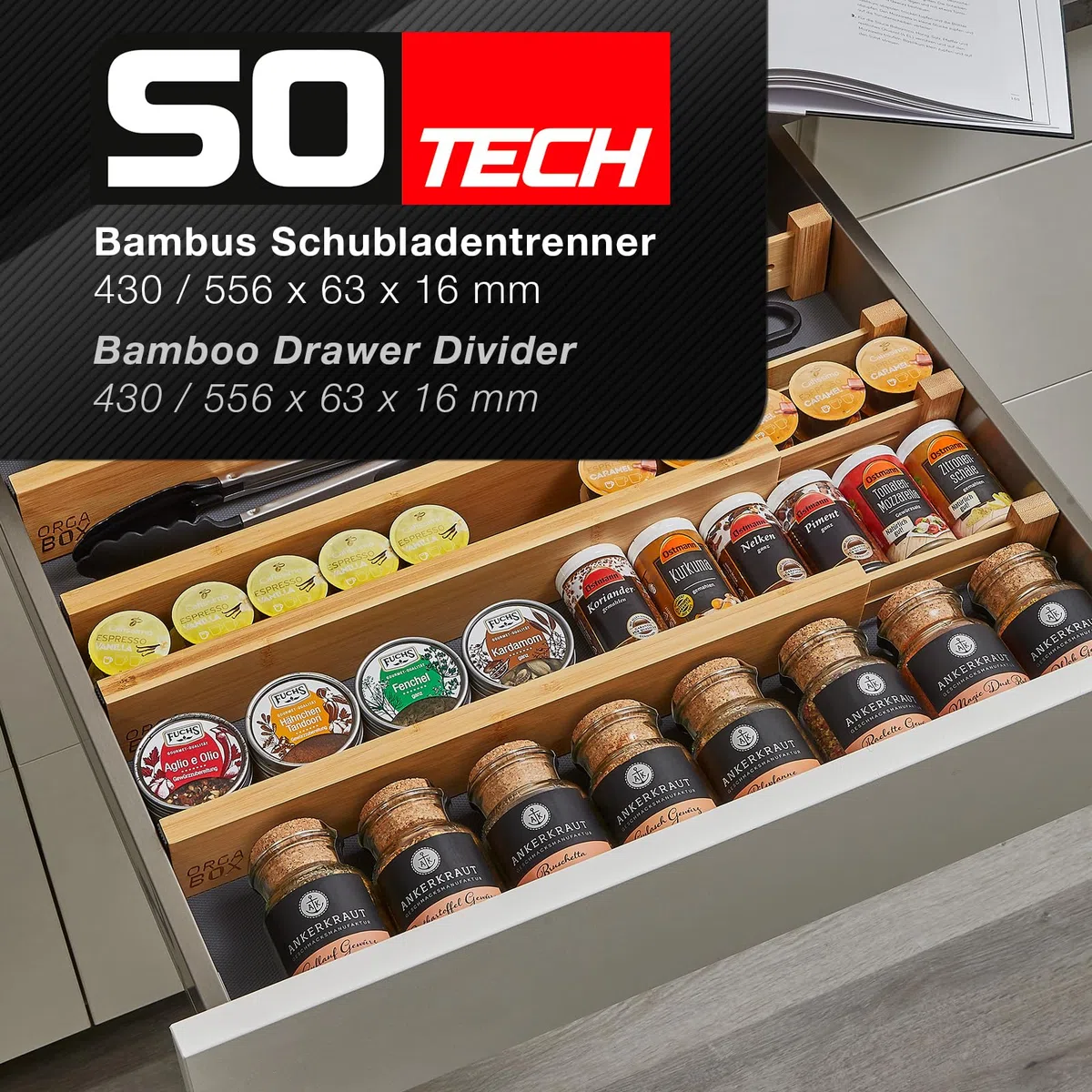 ORGA-BOX Sistema di divisori per cassetti in bambù 4 parti 430-556 mm Divisore per cassetti, divisore per cassetti con meccanismo a molla