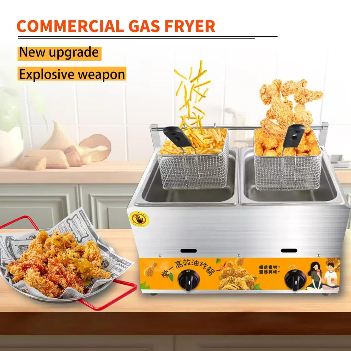 Friggitrice a gas di grande capacità della friggitrice a GPL del controsoffitto con il cestino e il coperchio potenza di fuoco regolabile per il pesce delle ciambelle