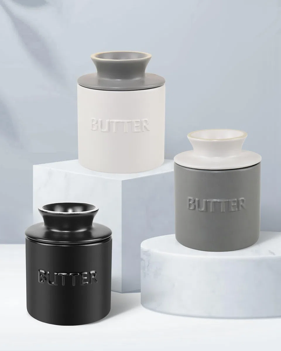 Burriera in ceramica con coperchio, campana per burro francese in porcellana, burro crock grigio con linea di galleggiamento, per burro morbido (nero)