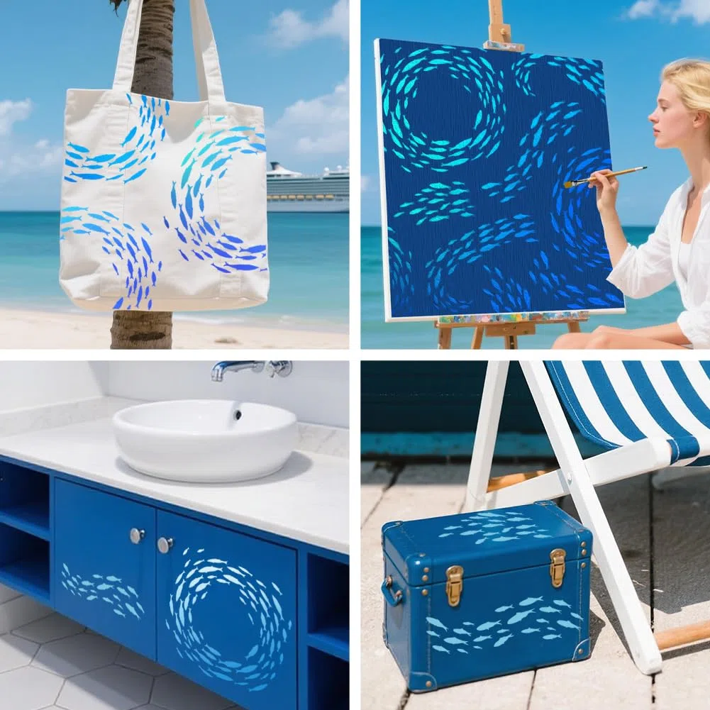 MAYJOYDIY 2 stencil a forma di scuola di pesce, 30 x 30 cm, con pennello per vernice, riutilizzabile, grande modello a tema oceano, per artigianato e decorazioni su legno, pareti, mobili, tessuto