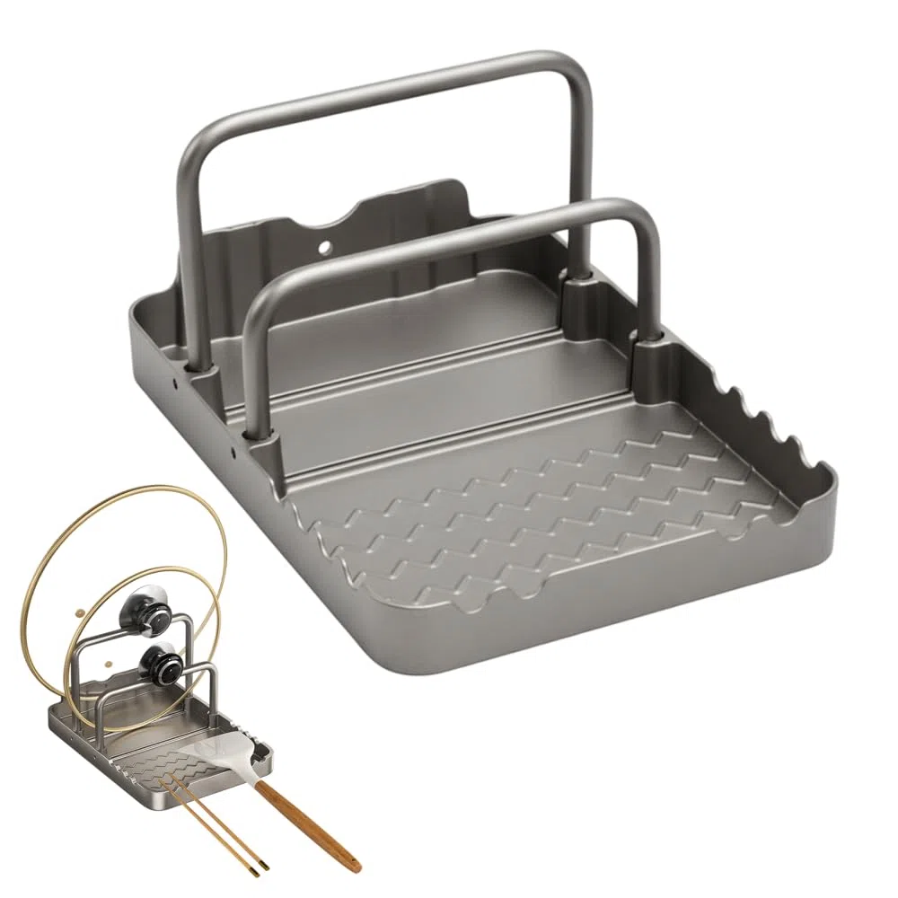 DONGKER Supporto Coperchio di Pentole, Porta Coperchi di Pentola a 2 Strati con Vassoio Raccogligocce, Organizer per Coperchio di Pentole, Spatole, Cucchiai e Altri Utensili da Cucina