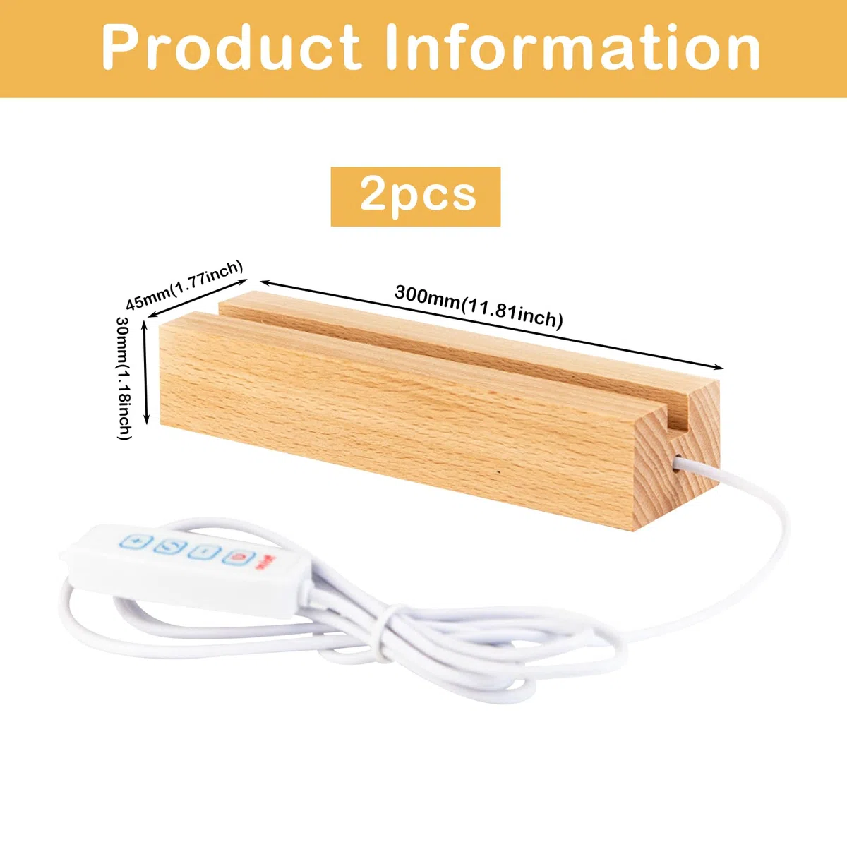 2 Pezzi Base per Display con Luci LED: Base Rettangolare in Legno per Luci Calde, Supporto USB per Desktop con Luci LED per Piastra in Acrilico da 5mm, Piastra in Vetro, Resina (30x45x300mm)
