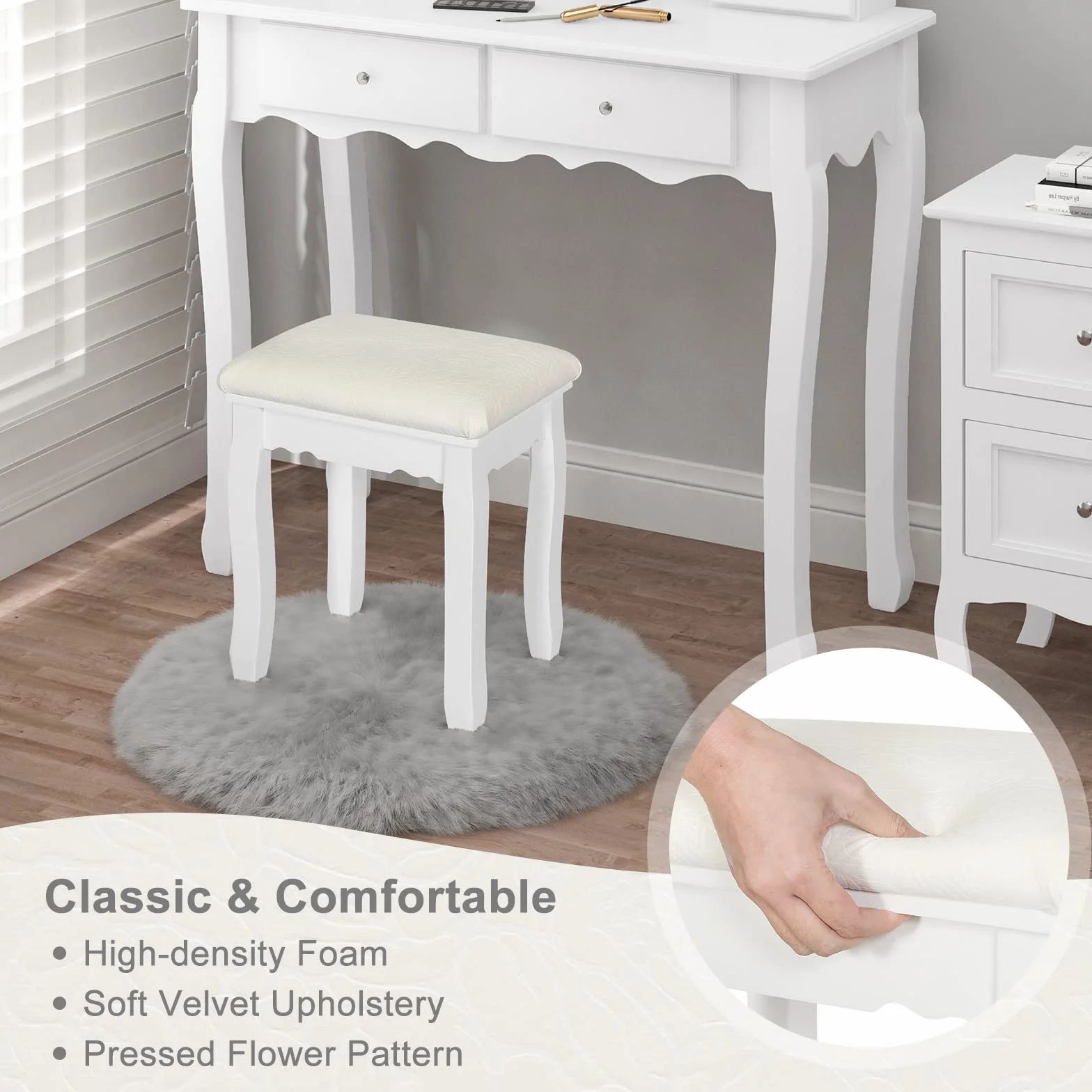 WOLTU Sgabello Bianco per Tavolo da Trucco, Sgabello in Legno Imbottito, Sedia da Make Up per Camera da Letto, Design Barocco， Rivestimento in Velluto, 37x28x44,5cm MB6095ws