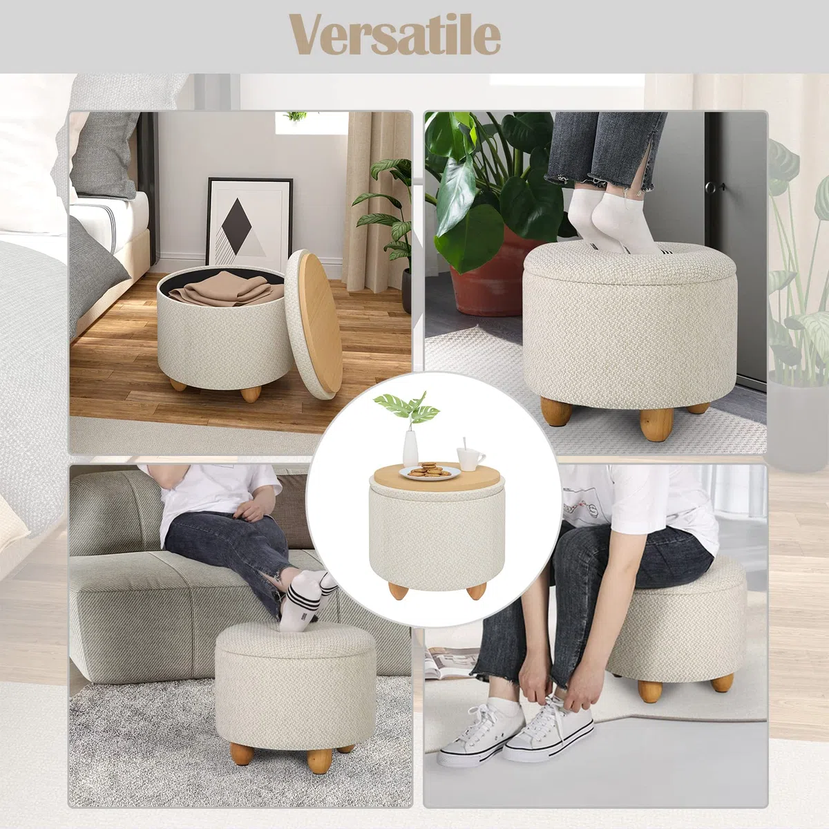 WOLTU Pouf Contenitore con Coperchio, Pouf Poggiapiedi in Lino Grosso, Sgabello Tondo Salvaspazio con Gambe in Legno di Pino per Soggiorno, Corriodio, Camera, Ø 39x33 cm, Beige
