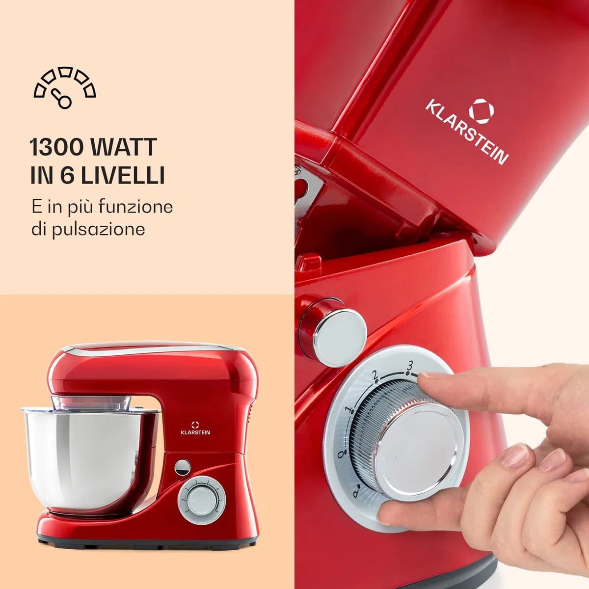 Klarstein Bella Pico 2G - Robot da Cucina, Mixer, Impastatrice, 1200 W / 1,6 PS, 6 Livelli, Sistema di Miscelazione Planetario, Ciotola in Acciaio Inox da 5L, Rosso