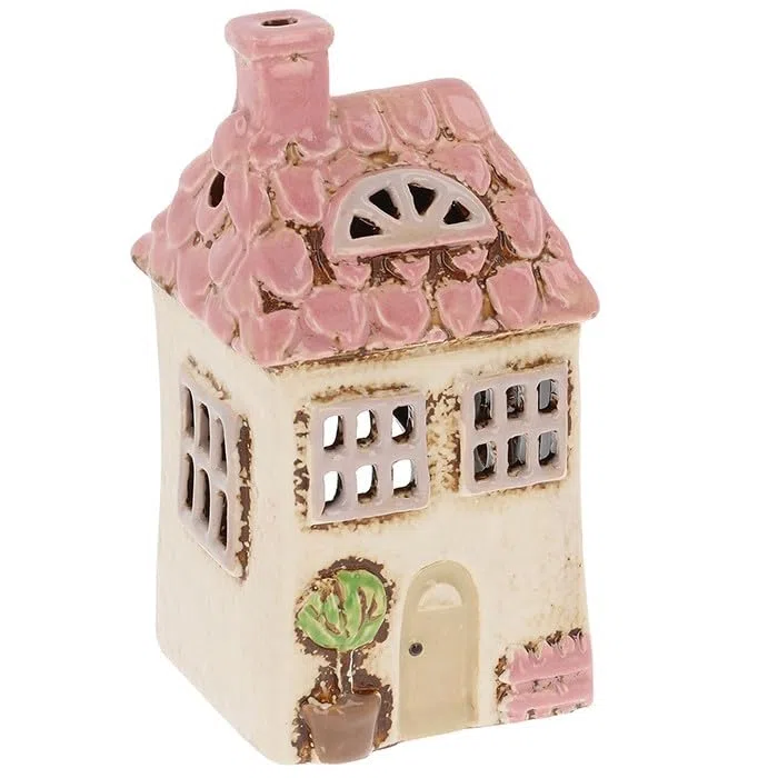 Lichthaus | Tealight Cottage | Candeliere | Portacandele | Ceramica (Rosa/Beige 14 x 7 x 7 cm)