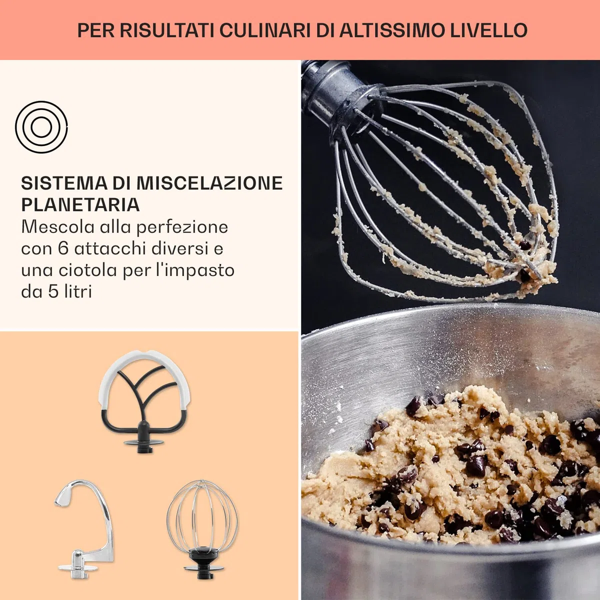 Klarstein Bella Pico 2G - Robot da Cucina, Mixer, Impastatrice, 1200 W / 1,6 PS, 6 Livelli, Sistema di Miscelazione Planetario, Ciotola in Acciaio Inox da 5L, Rosso