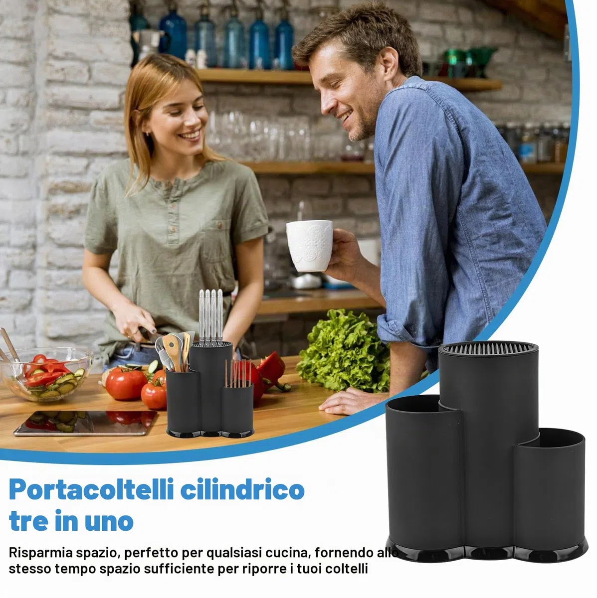 Blocco Universale Rotondo Nero 3-in-1 Senza Coltelli: Salvaspazio, Igienico Adatto per Tutti I Coltelli da Cucina (23 X 22cm)
