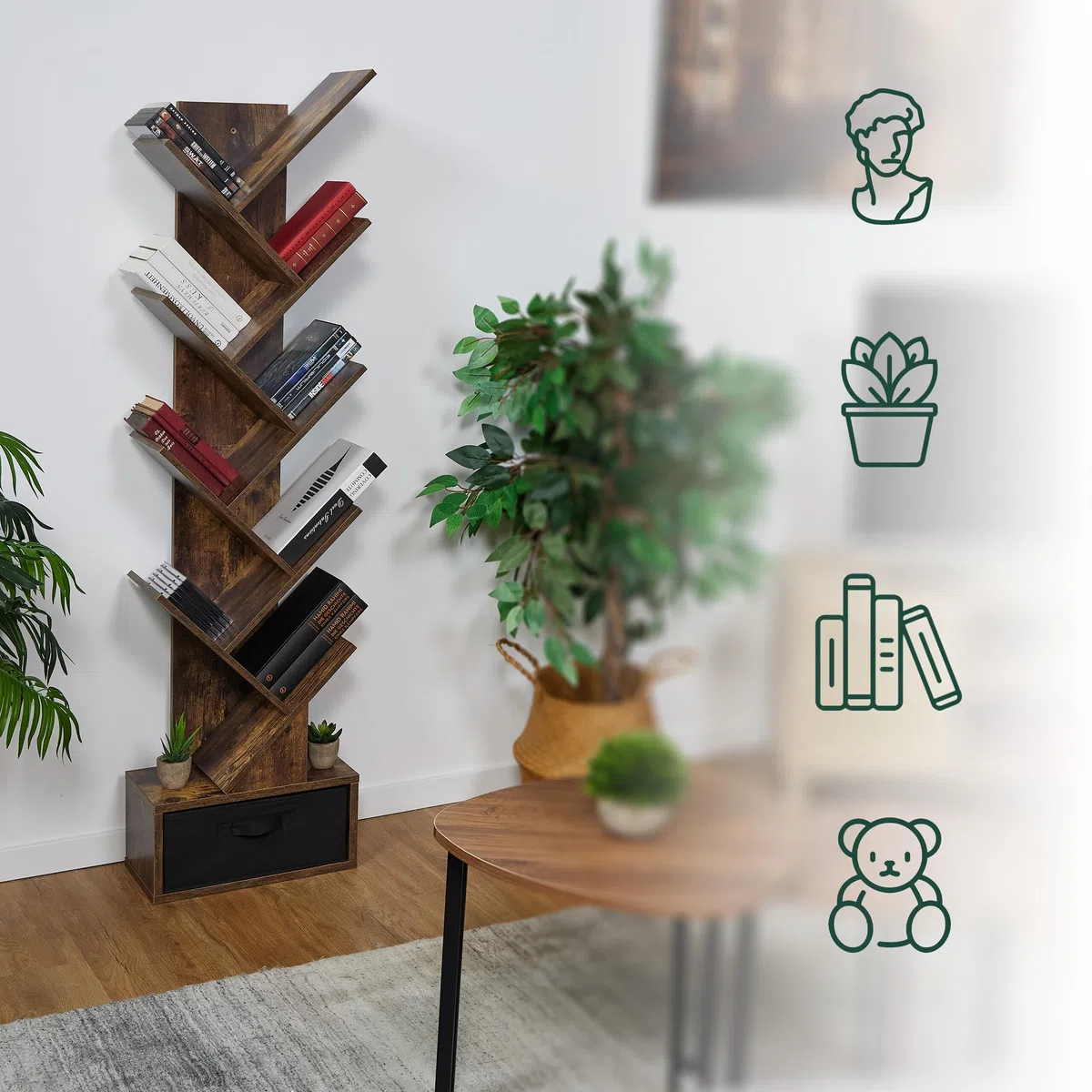 Relaxdays Scaffale Libreria, Mobile Stretto da Terra con 9 Ripiani ad Albero per Libri, CD e Dvd, 146x38x22 cm, Marrone