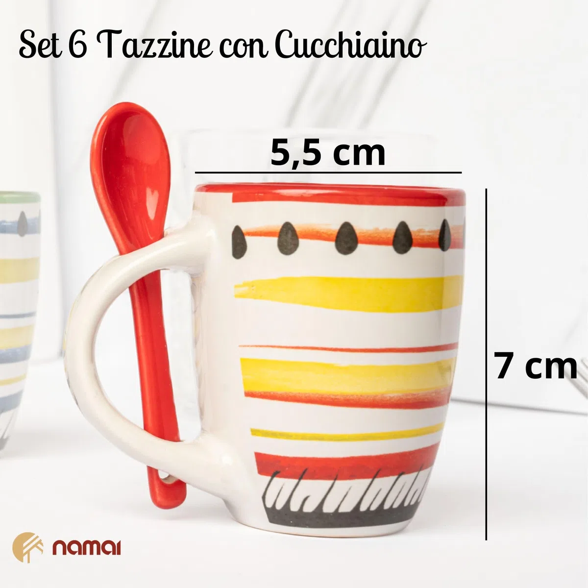 NAMAI - Set di 6 Tazzine Caffè Con Cucchiaino, 90 ML, Porcellana Resistente, Adatte in Lavastoviglie e Microonde, Colori Vivaci, Idea Regalo (Set 6 Tazzine con Cucchiaino)