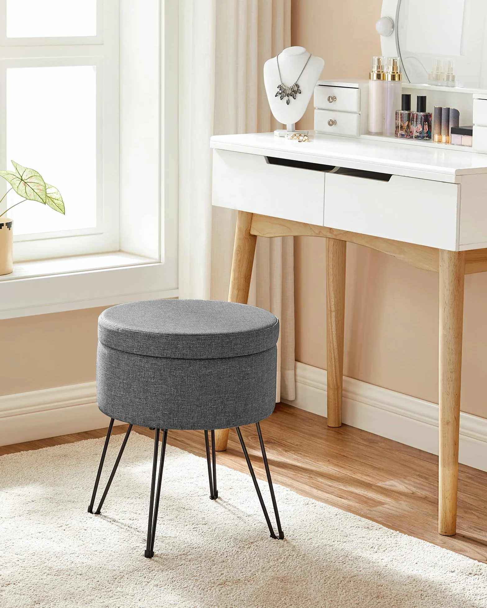 SONGMICS Sgabello Pouf Contenitore, Cassapanca Rotonda, Sgabello Toeletta, Capacità di 13,4L, Gambe in Metallo, Sedile Imbottito, Soggiorno Camera da Letto, Grigio Scuro LOM002G02