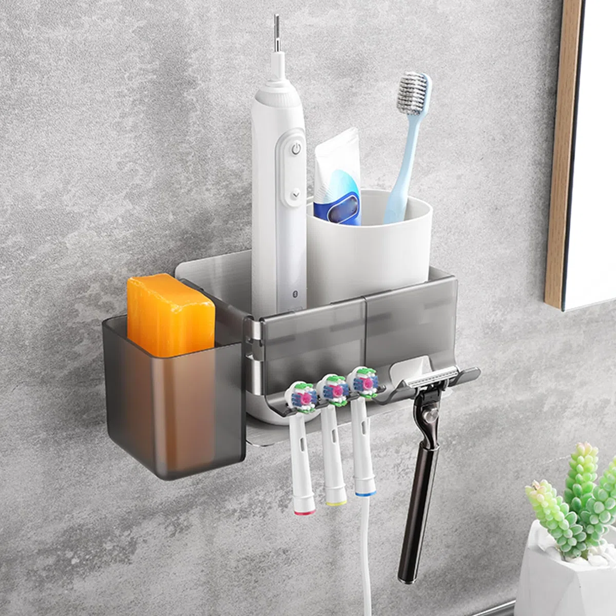 Portaspazzolino per spazzolino elettrico con 3 accessori da bagno, supporto per spazzolino in acciaio inossidabile da parete autoadesivo, supporto per testine argento senza foratura