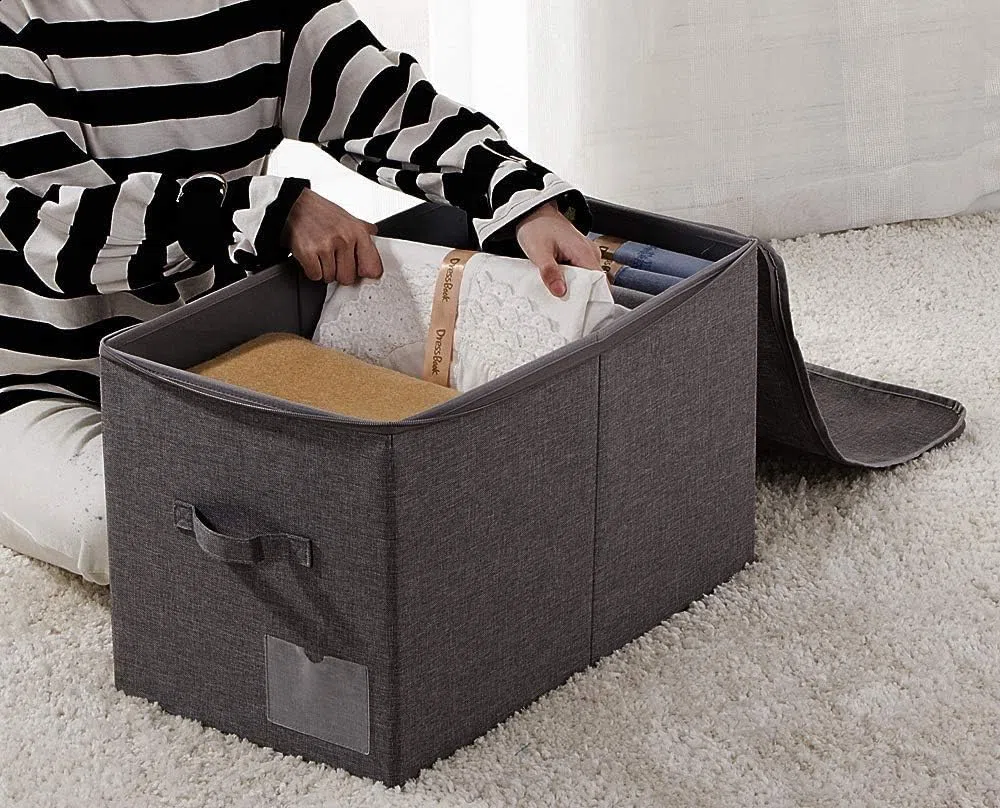AMX 56 * 32 * 33cm, Cestini con coperchio di grandi dimensioni per armadio in camera da letto, ottimi per piumoni, coperte, cuscini, organizer per abbigliamento, nero grigio