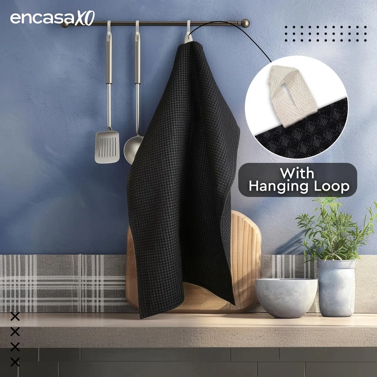 Encasa XO Asciugamani da cucina e salviette in cotone Grigio Nero | Strofinaccio in waffle e tessuto piatto | Set strofinacci | 70x45 cm | Riutilizzabile e ad asciugatura rapida Set di 4