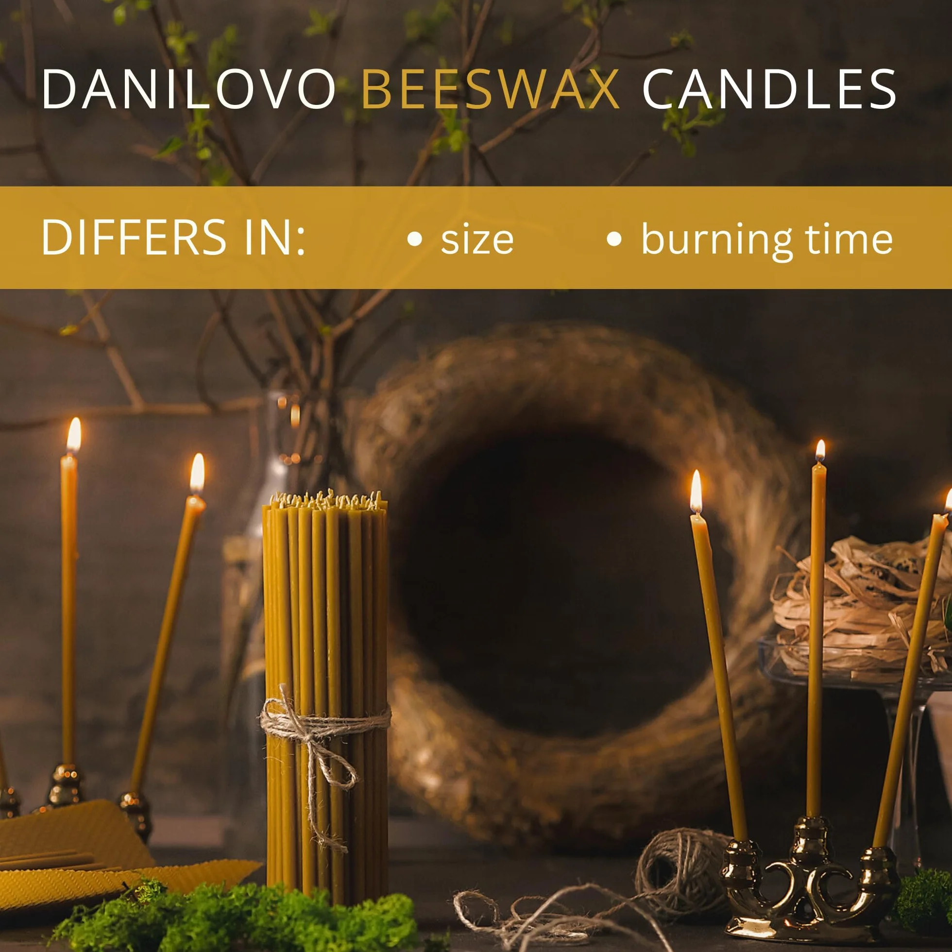 Danilovo Candele Pura Cera d'Api- No goccia, No fumo, Alte, Sottili Coniche–Decorative per Preghiera in Chiesa, Candele per Decorazione o Compleanno, Altezza 20,5cm, Diametro 0,66cm (50pz)